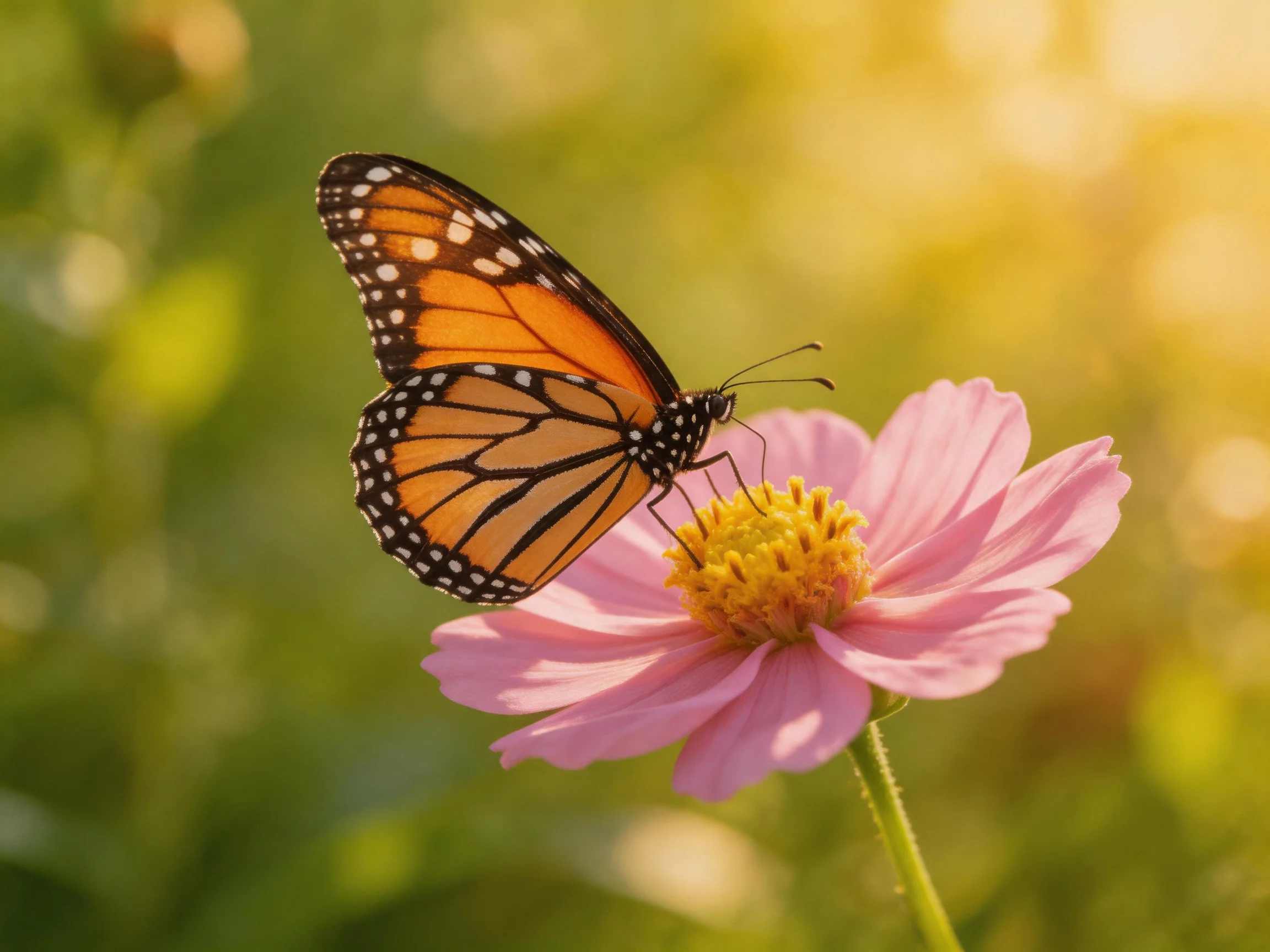 A monarch butterfly rests on a vibrant pink flower amid golden sunlight
