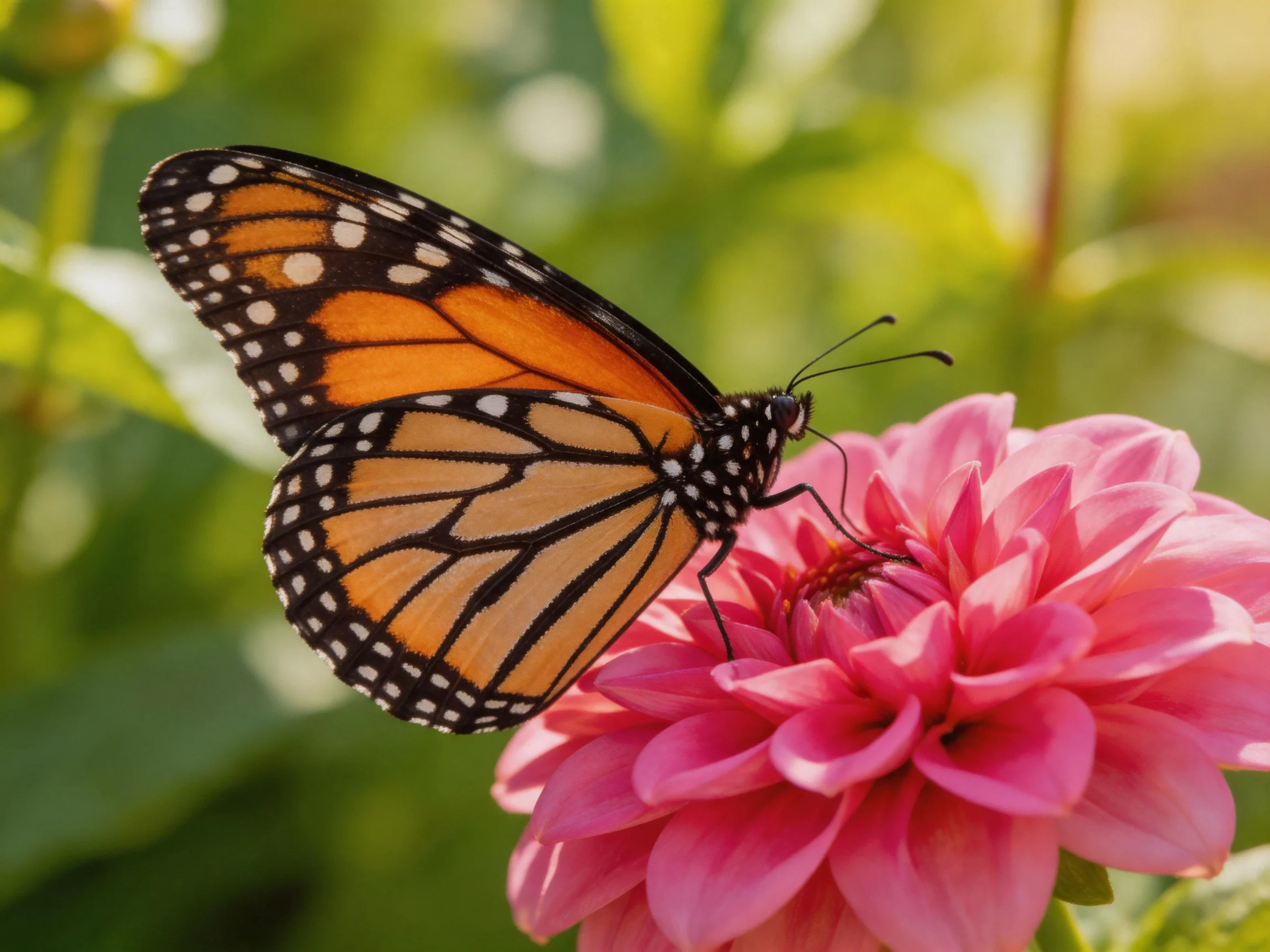 A monarch butterfly rests on a vibrant pink flower