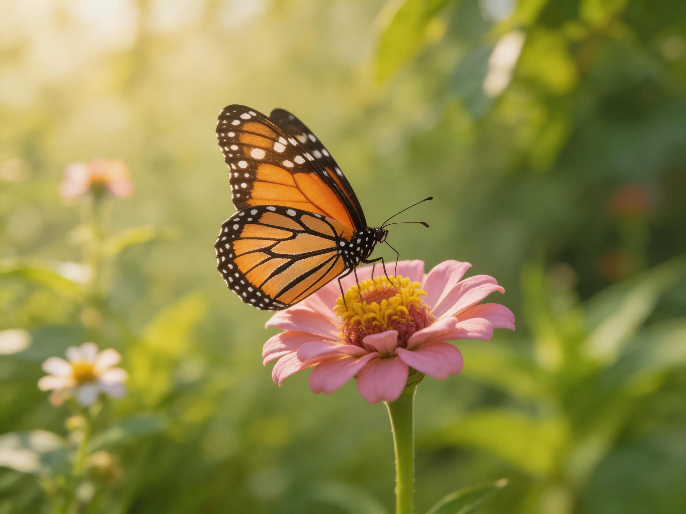 A monarch butterfly rests on a vibrant pink zinnia flower