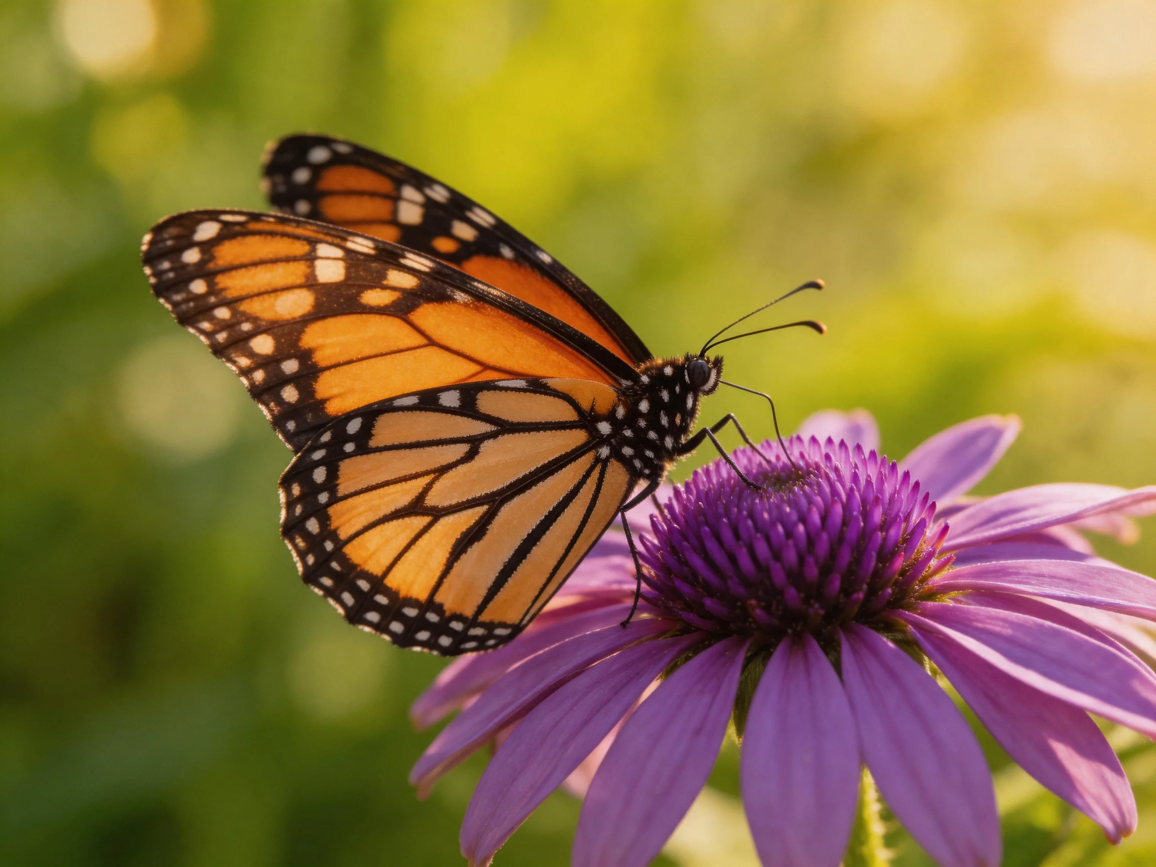 A monarch butterfly rests on a vibrant purple coneflower