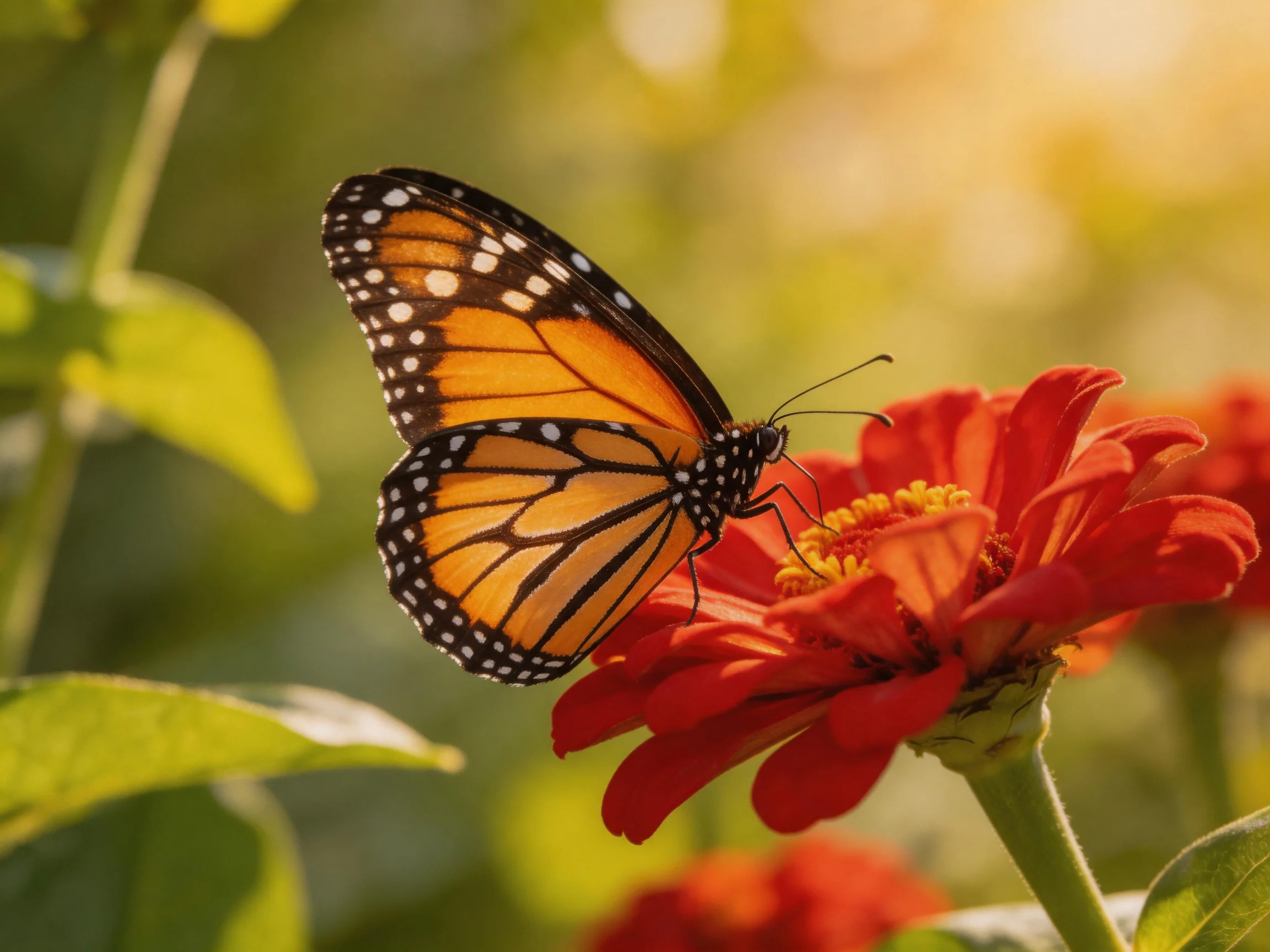 A monarch butterfly rests on a vibrant red zinnia amid lush greenery