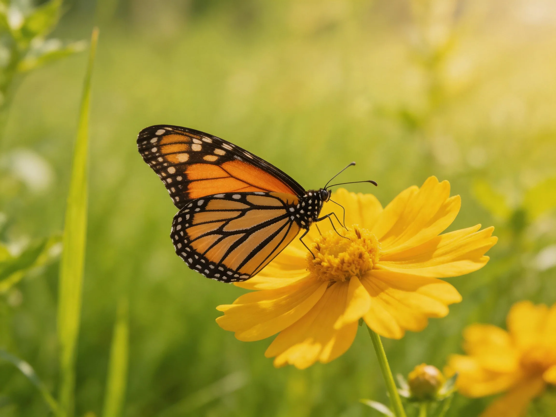 A monarch butterfly rests on a vibrant yellow flower in a sunlit meadow