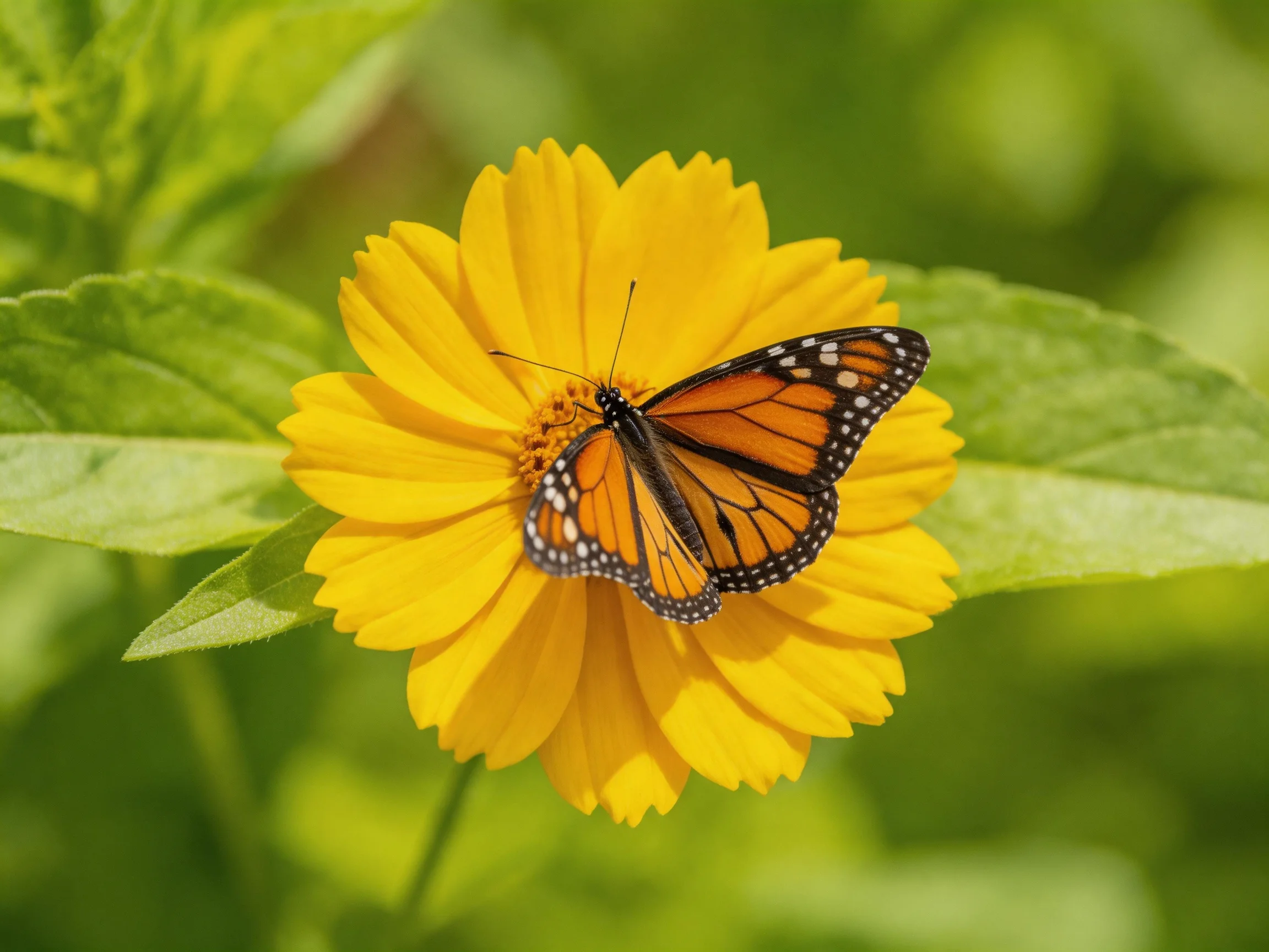 A monarch butterfly rests on a vibrant yellow flower