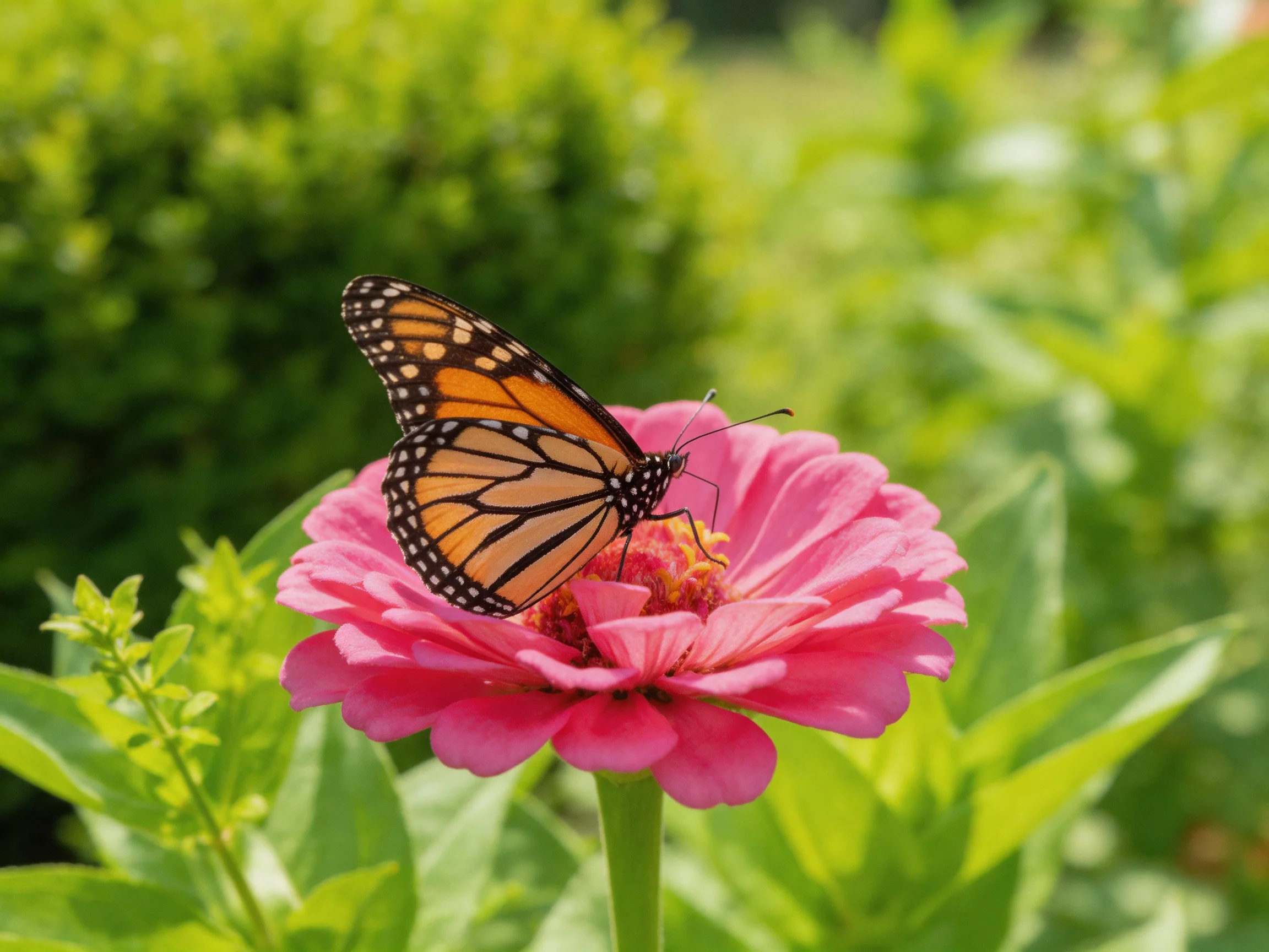 A monarch butterfly rests on a vivid pink zinnia amid lush green foliage