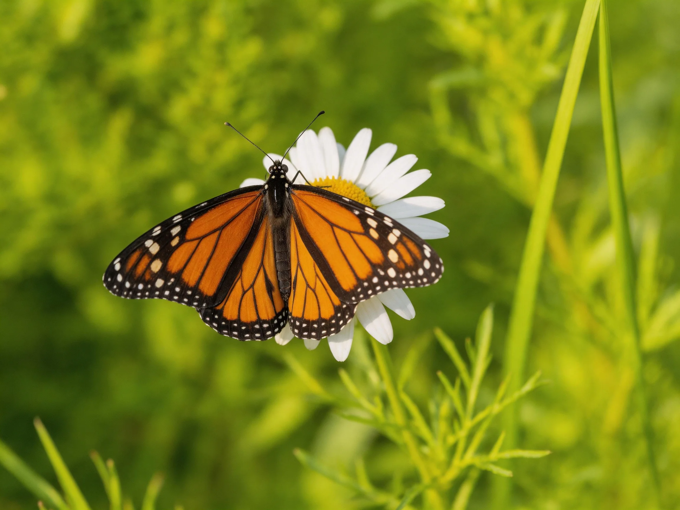 A monarch butterfly rests on a white daisy amid lush green foliage