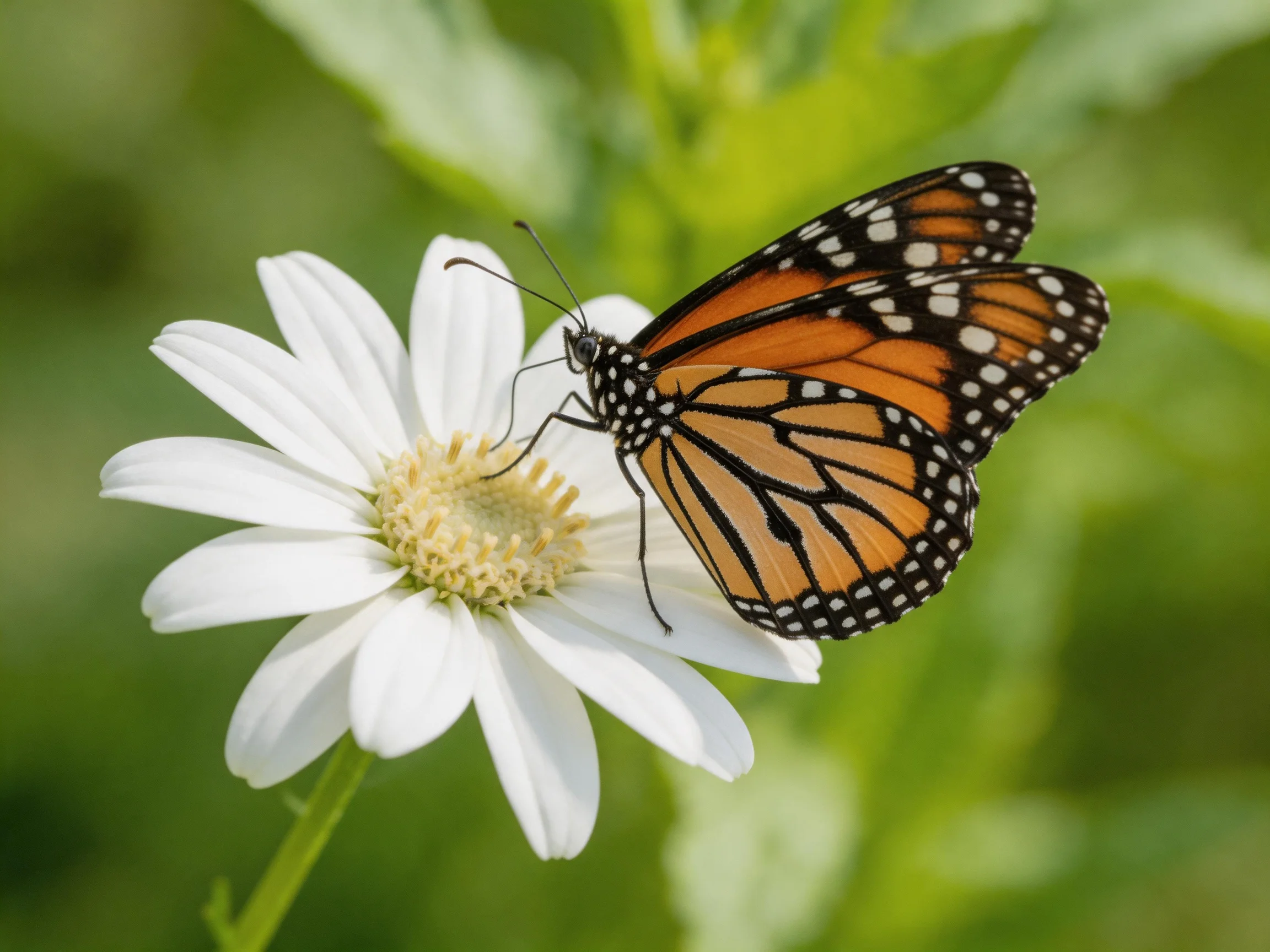 A monarch butterfly rests on a white daisy in a green meadow