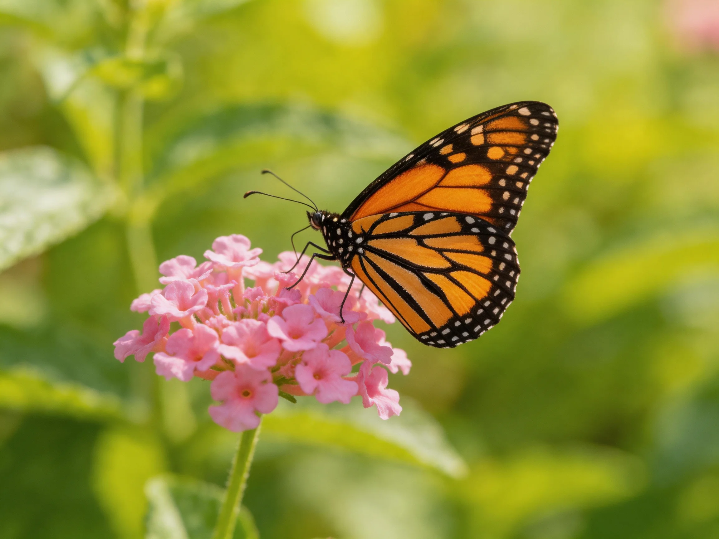 A monarch butterfly rests on bright pink clustered flowers surrounded by green foliage