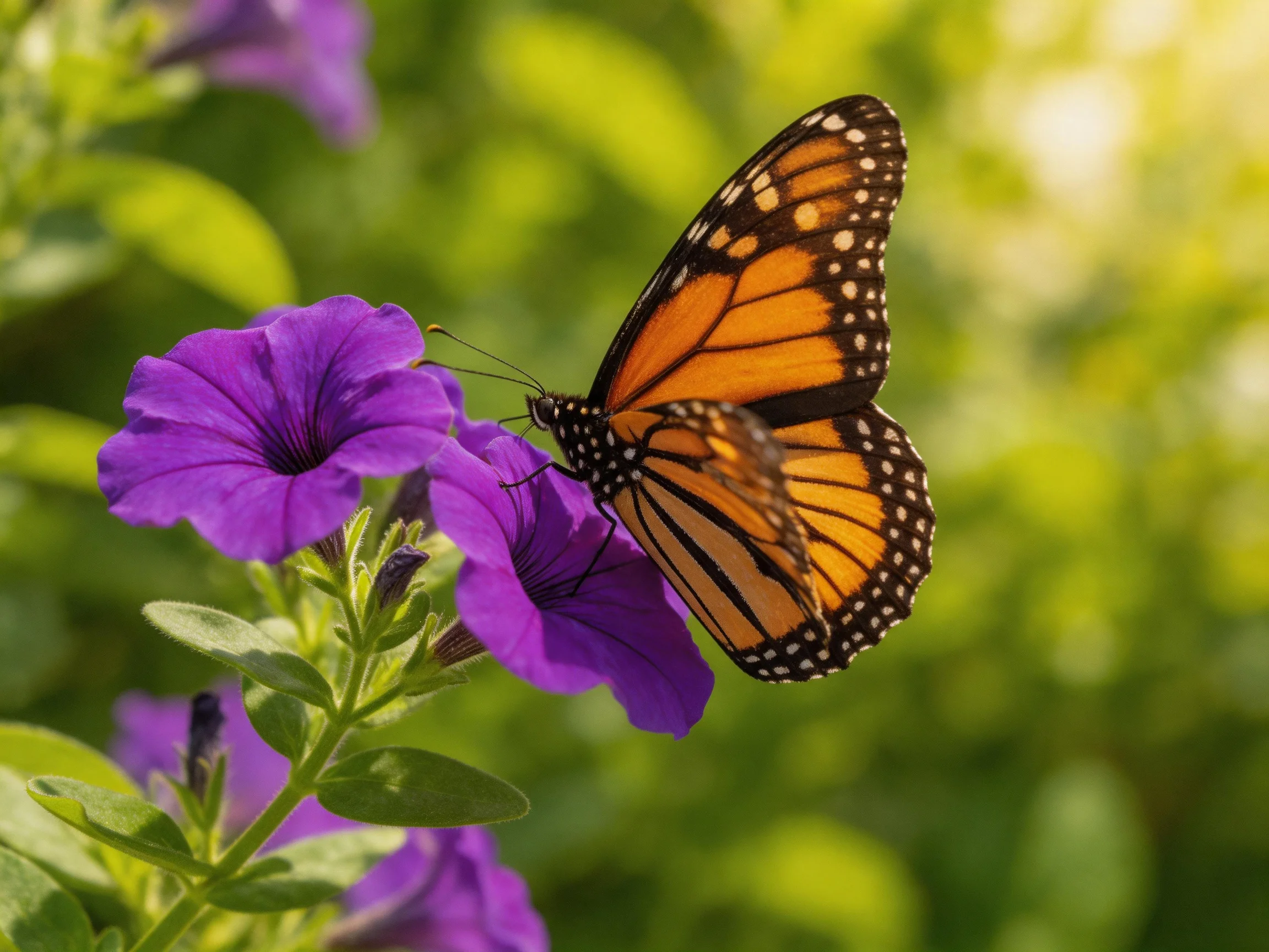 A monarch butterfly rests on two vibrant purple petunias in a sunlit garden