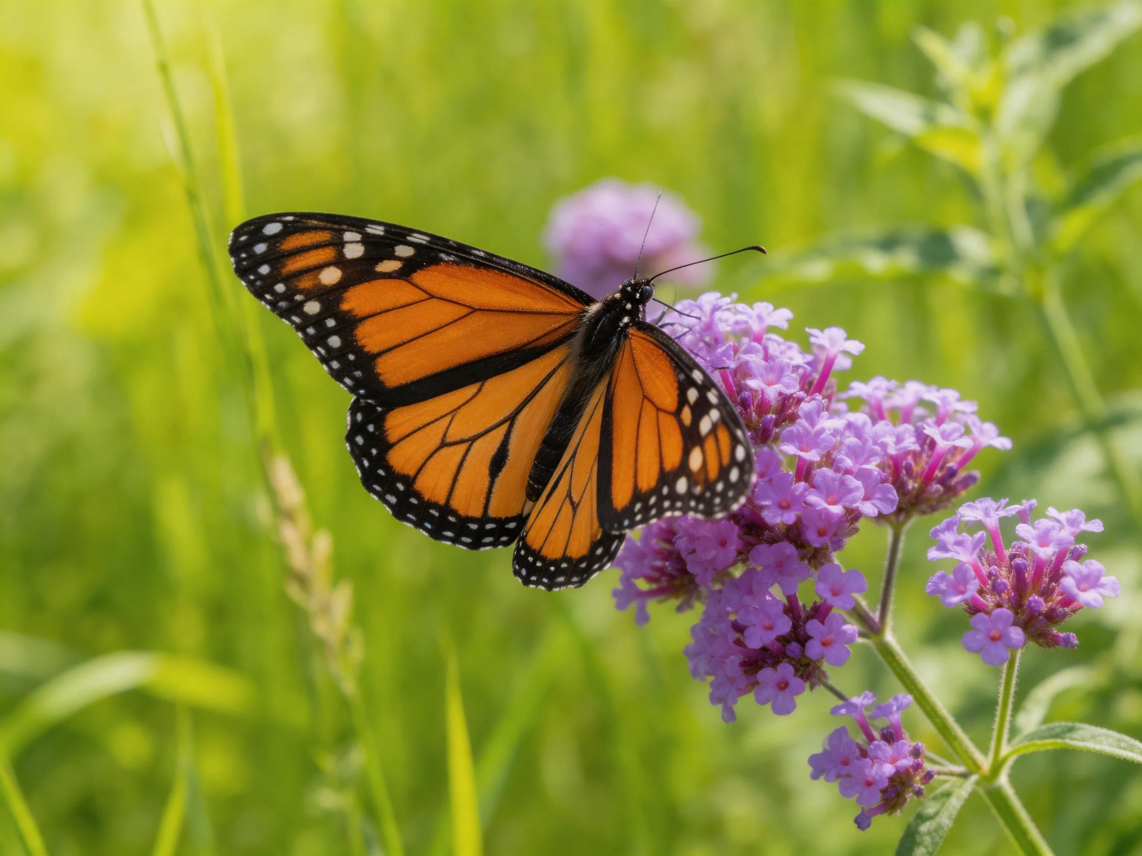 A monarch butterfly rests on vibrant purple flowers in a sunlit meadow