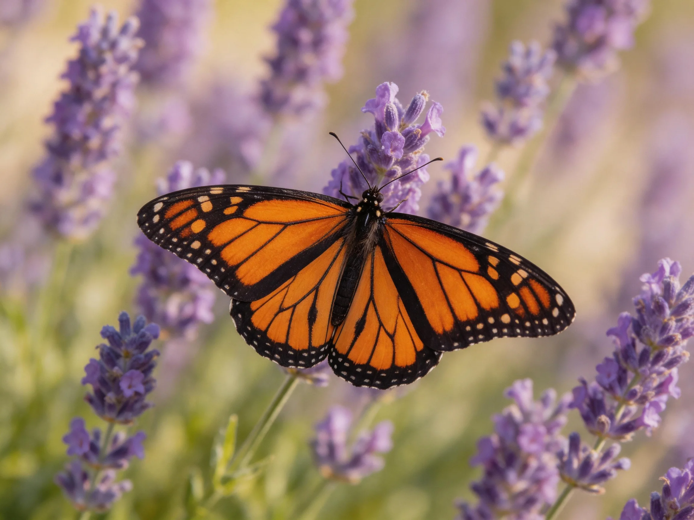A monarch butterfly rests on vibrant purple lavender blooms