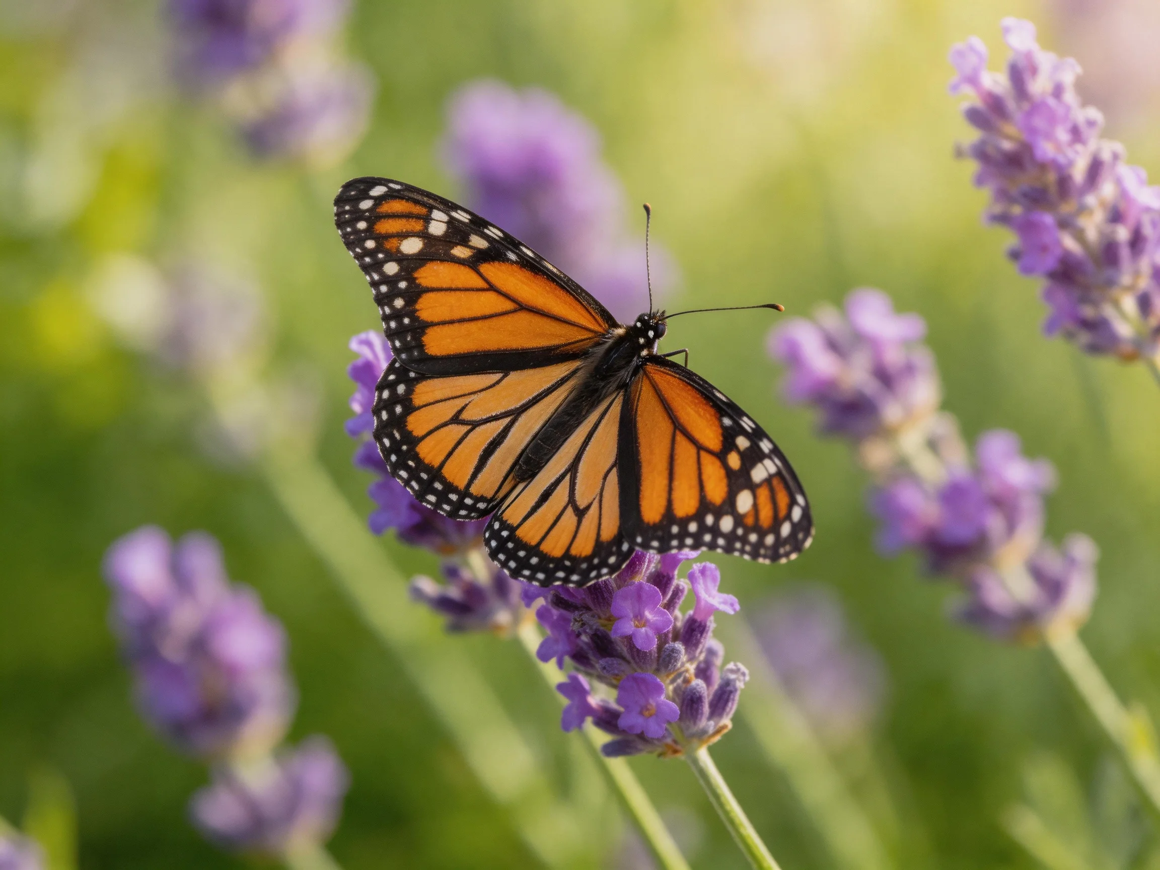 A monarch butterfly rests on vibrant purple lavender blooms