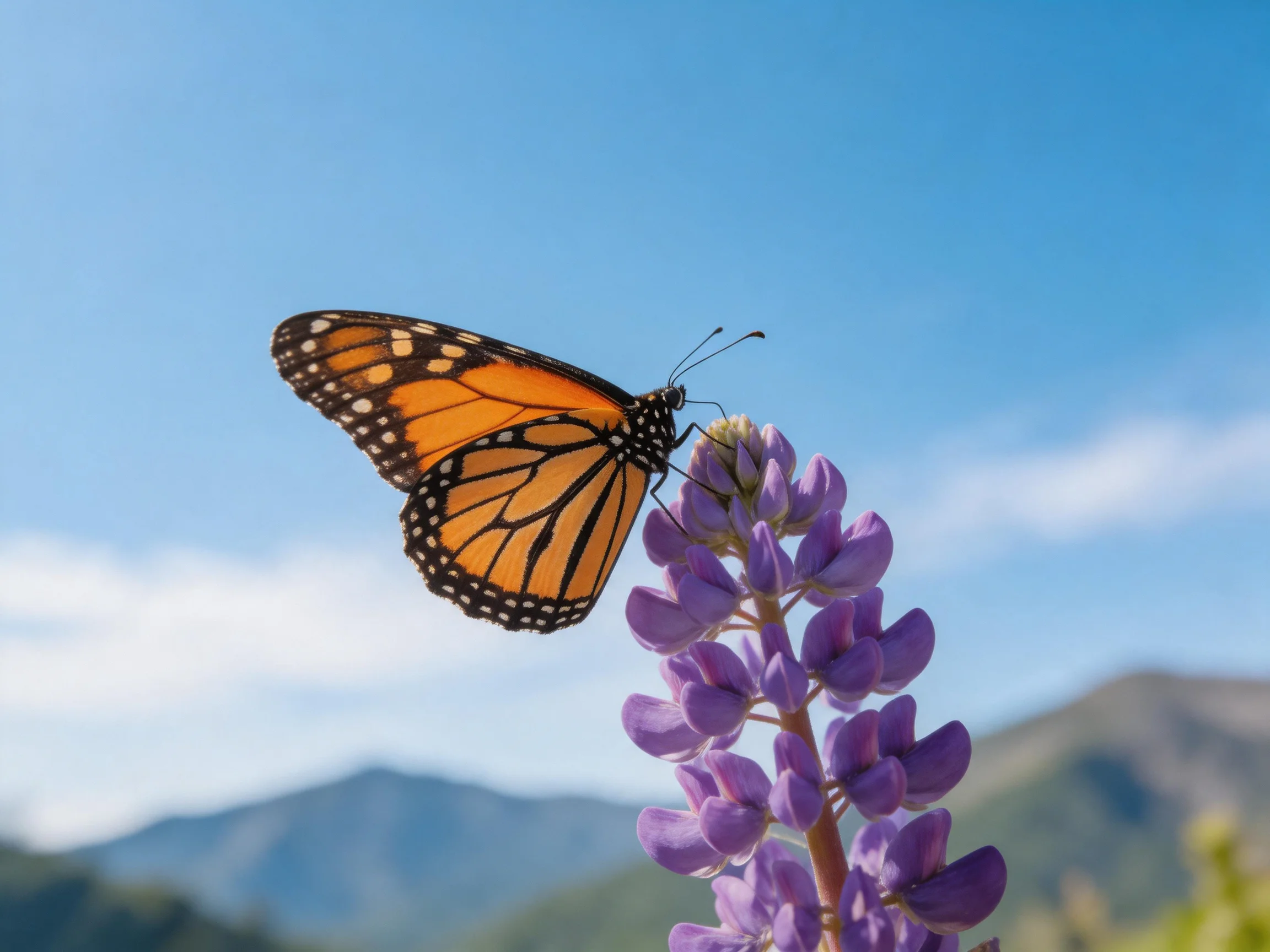 A monarch butterfly rests on vibrant purple lupine flowers against mountainous backdrop