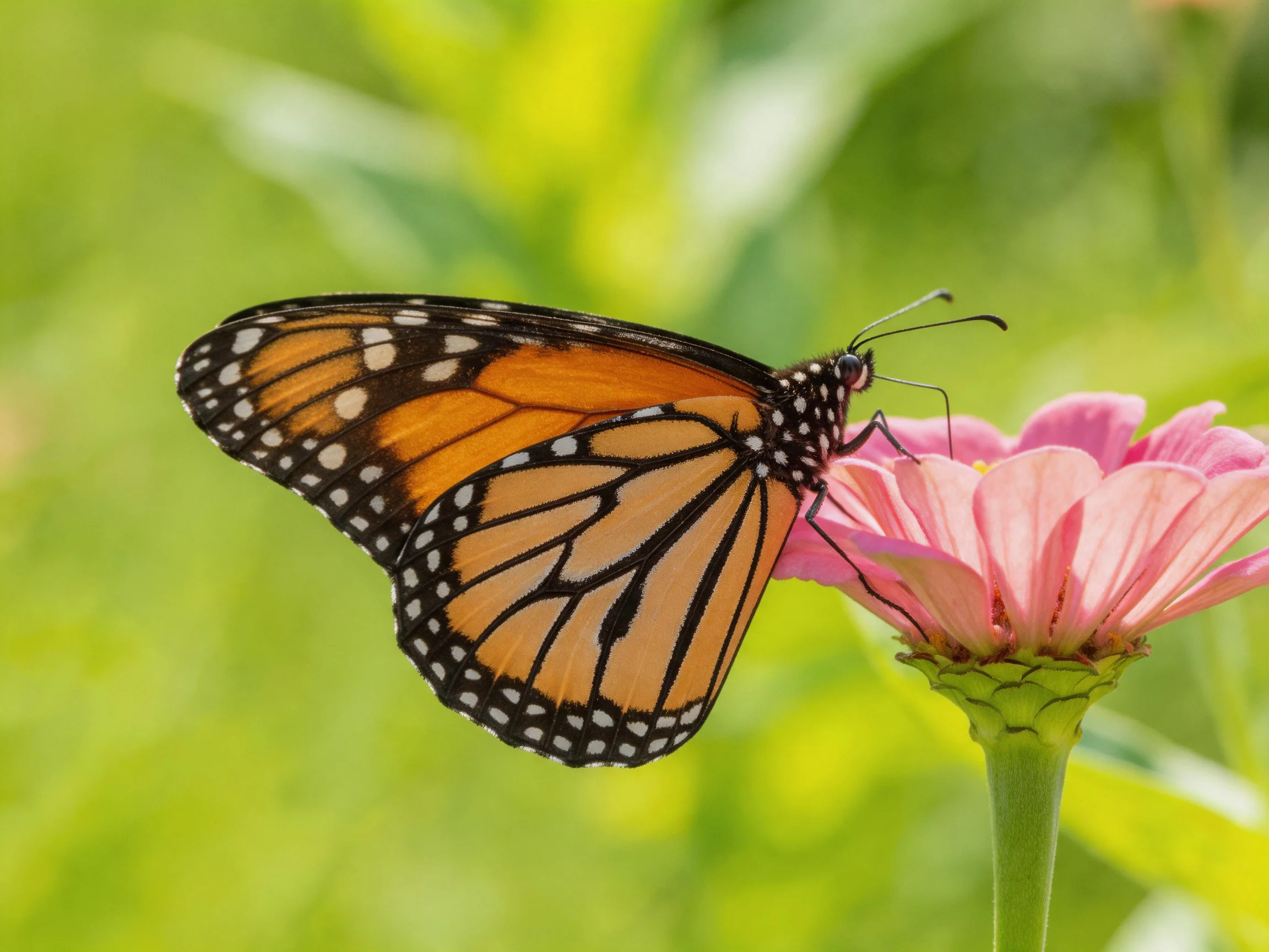 A monarch butterfly with orange wings rests on a bright pink flower