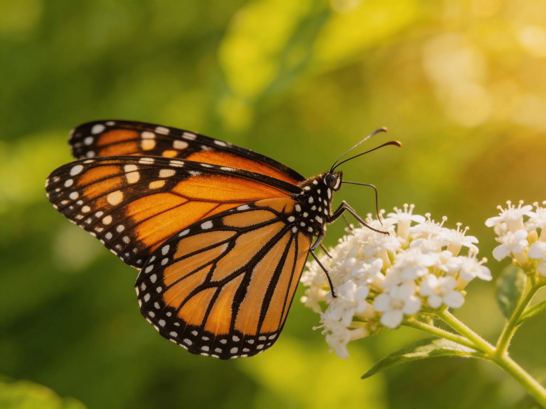 A monarch butterfly with vibrant orange wings perched on small white flowers