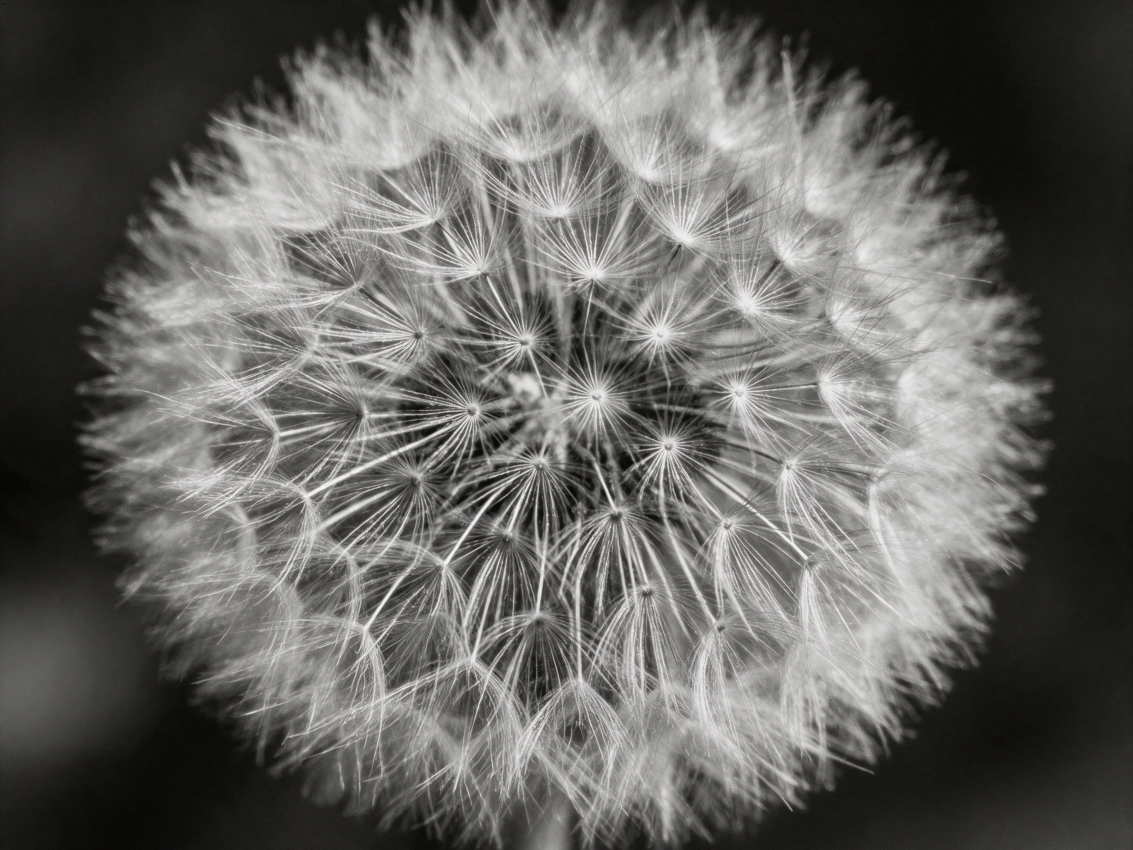 A monochromatic close-up of a fully formed dandelion seed head