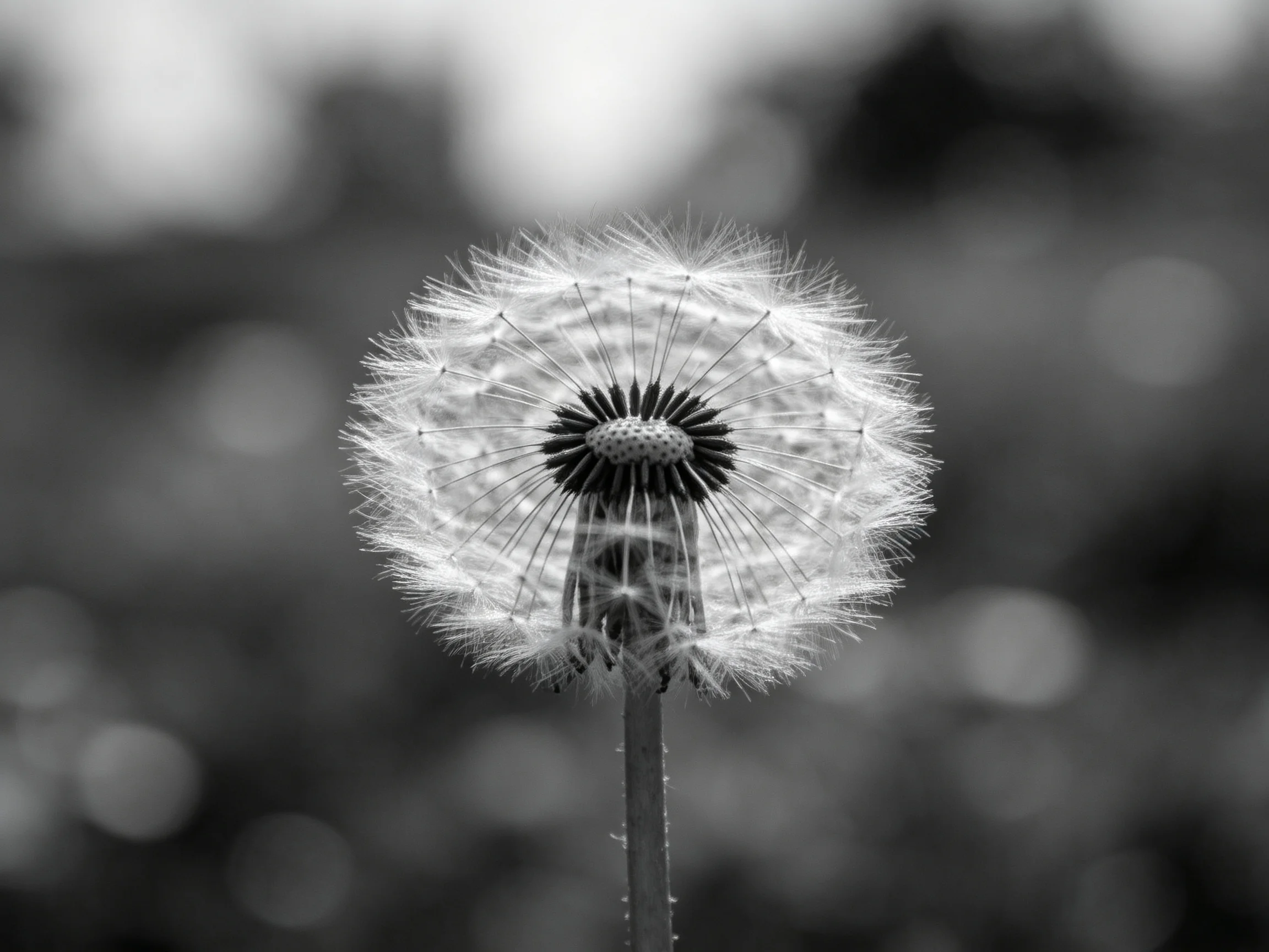 A monochrome close-up of a fully bloomed dandelion seed head