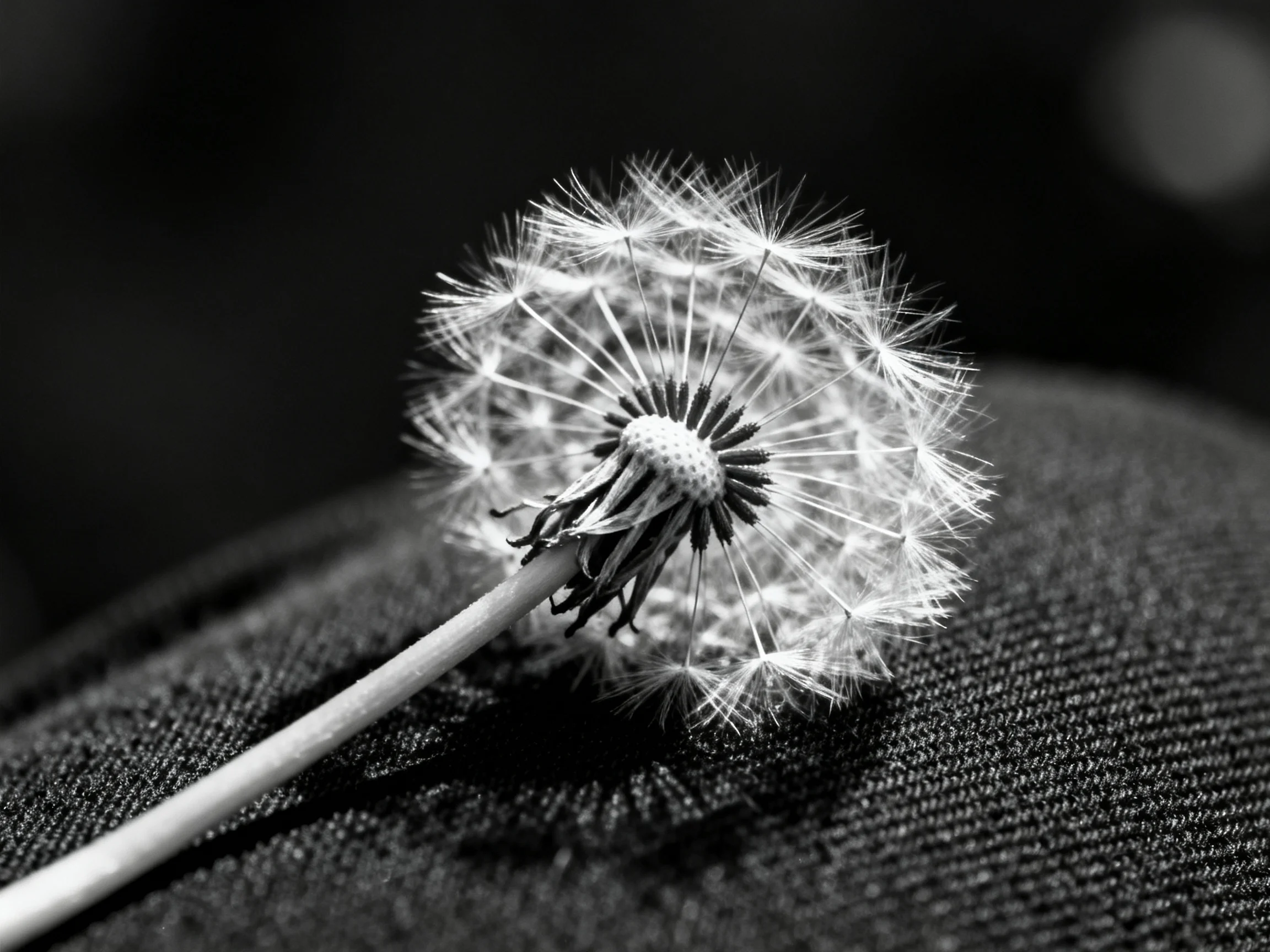 A monochrome close - up of a single dandelion seed head