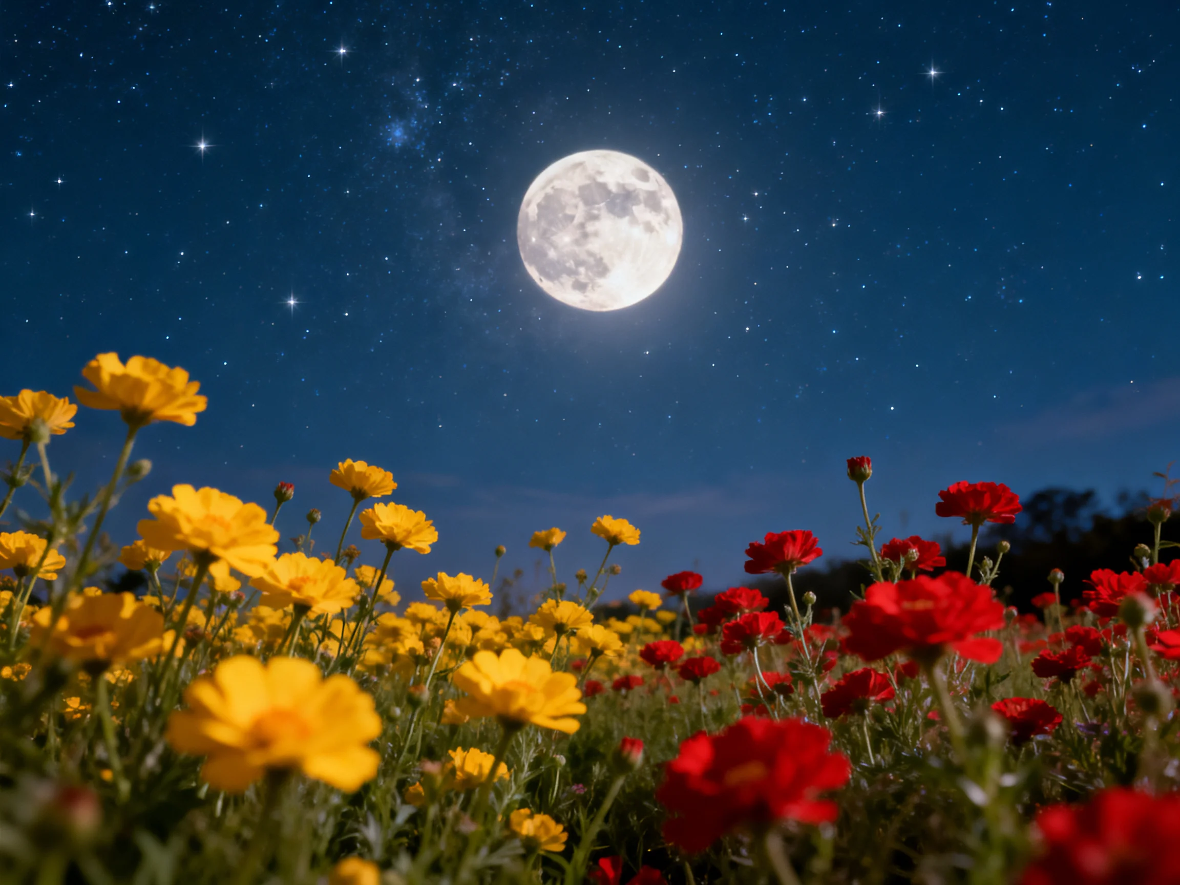 A moonlit field with yellow and red flowers under starry sky