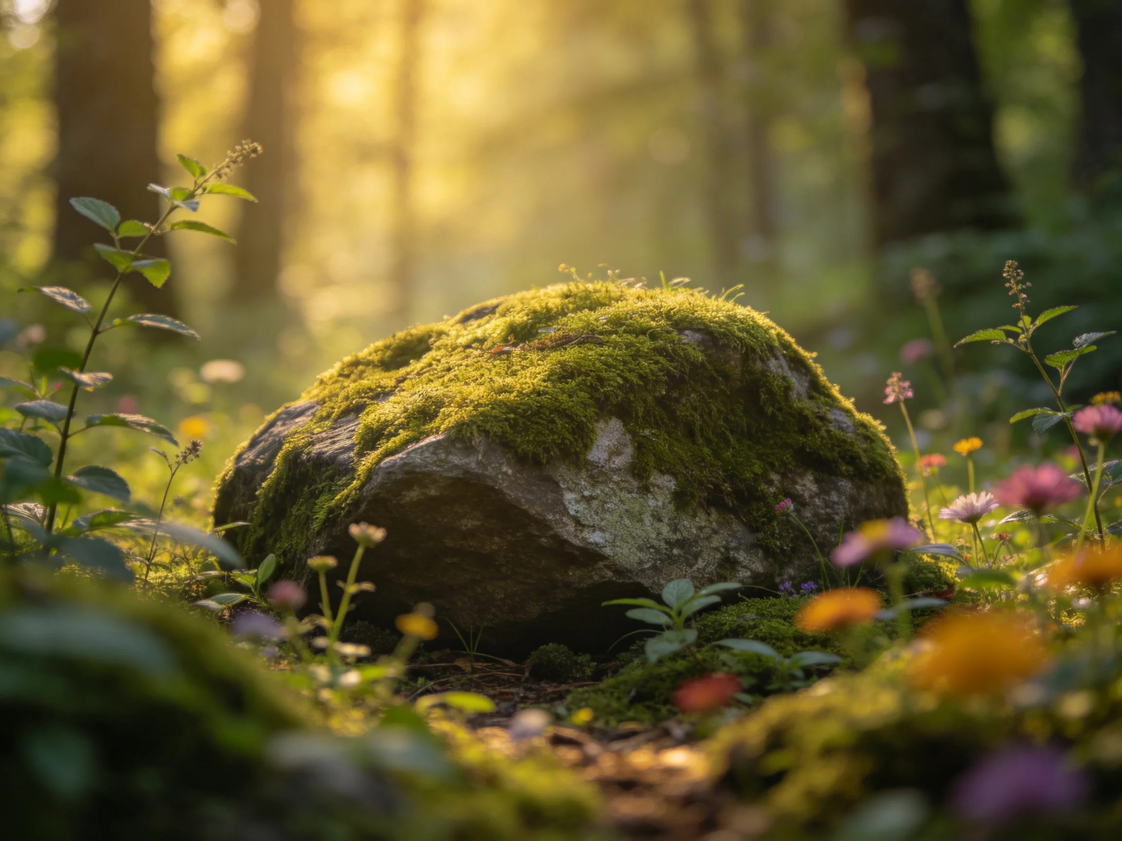 A moss-draped rock amid colorful wildflowers in a sunlit forest