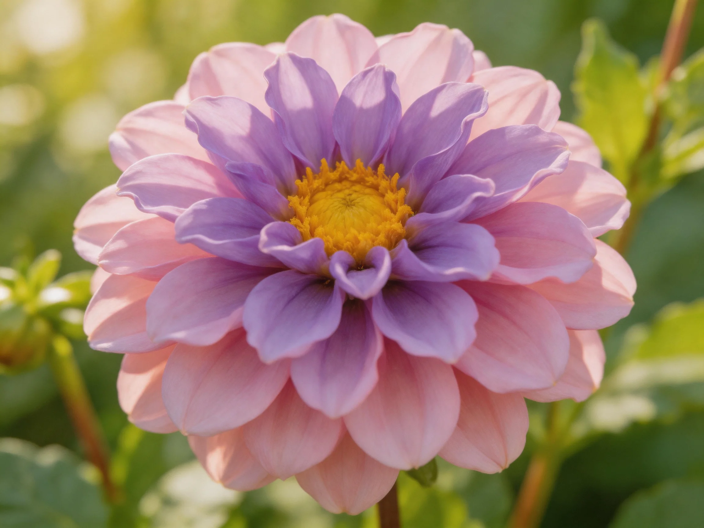 A multi-layered dahlia with pink and lavender petals, golden center