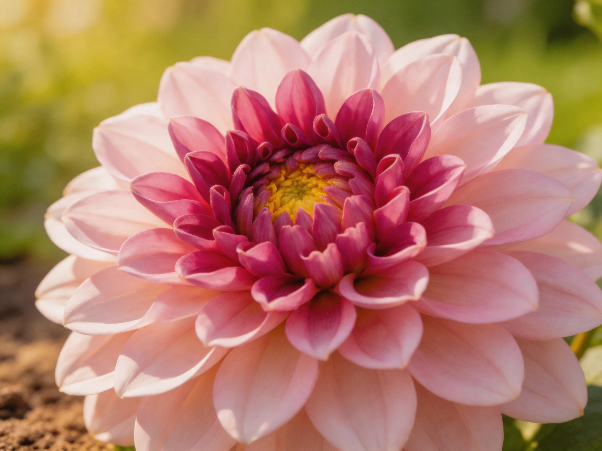 A multi-layered pink and magenta dahlia with a yellow center