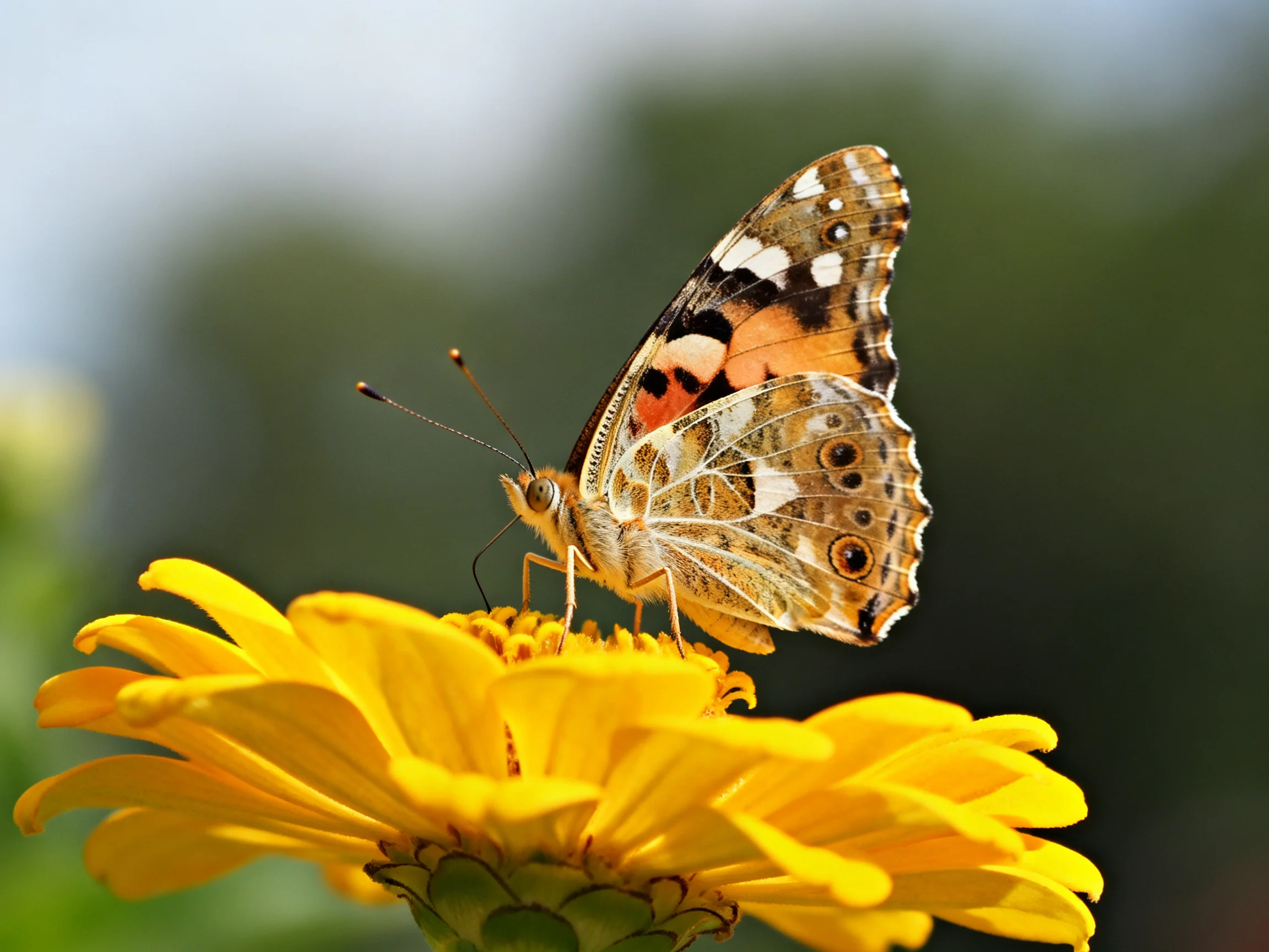 A multicolored butterfly perches on a vivid yellow flower