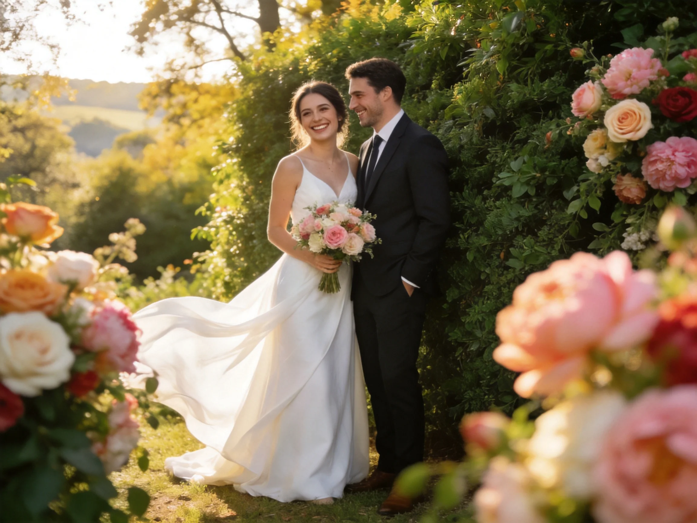 A newlywed couple poses among colorful blooms in a sunlit garden