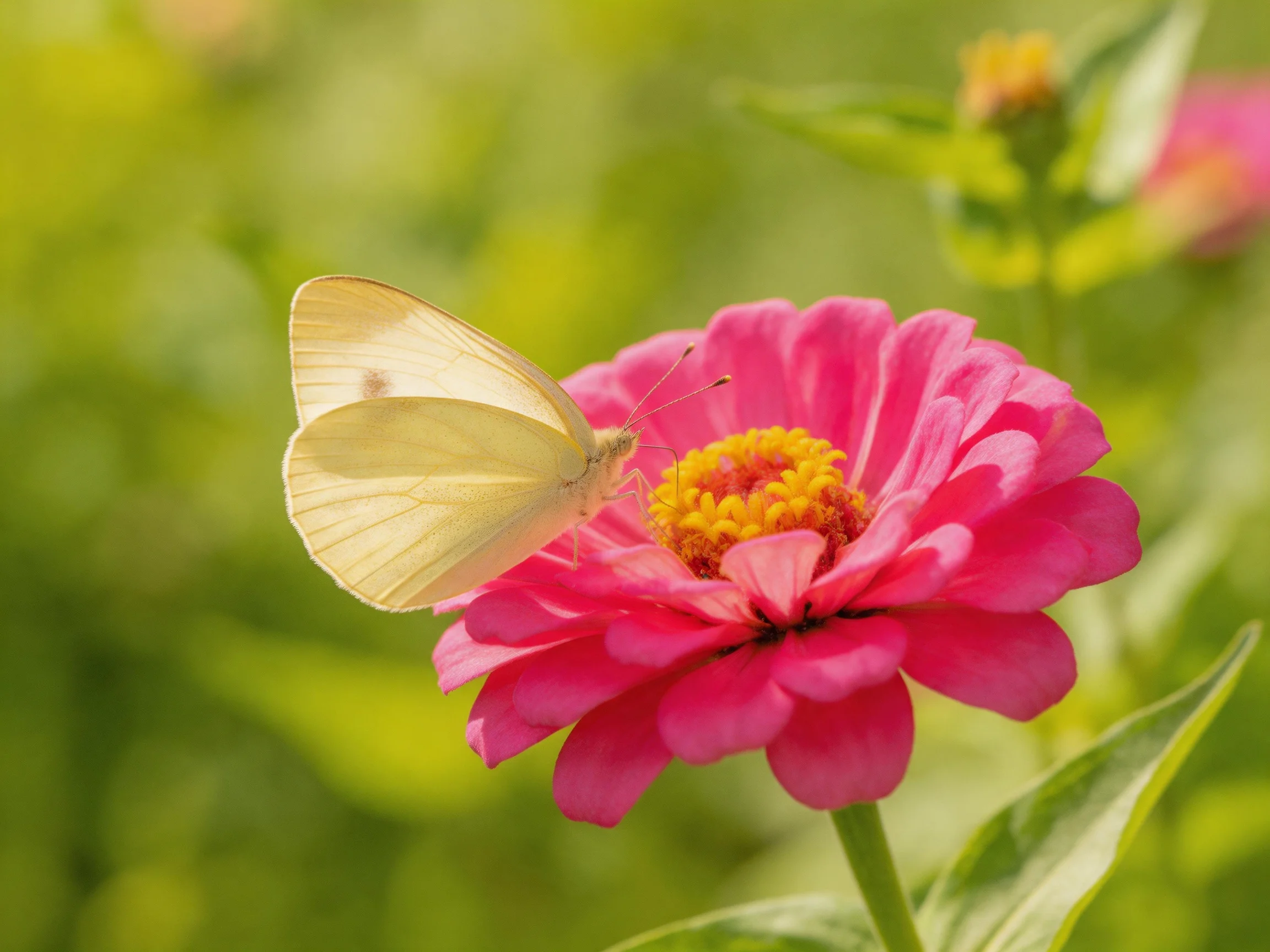 A pale butterfly perches on a bright pink zinnia flower