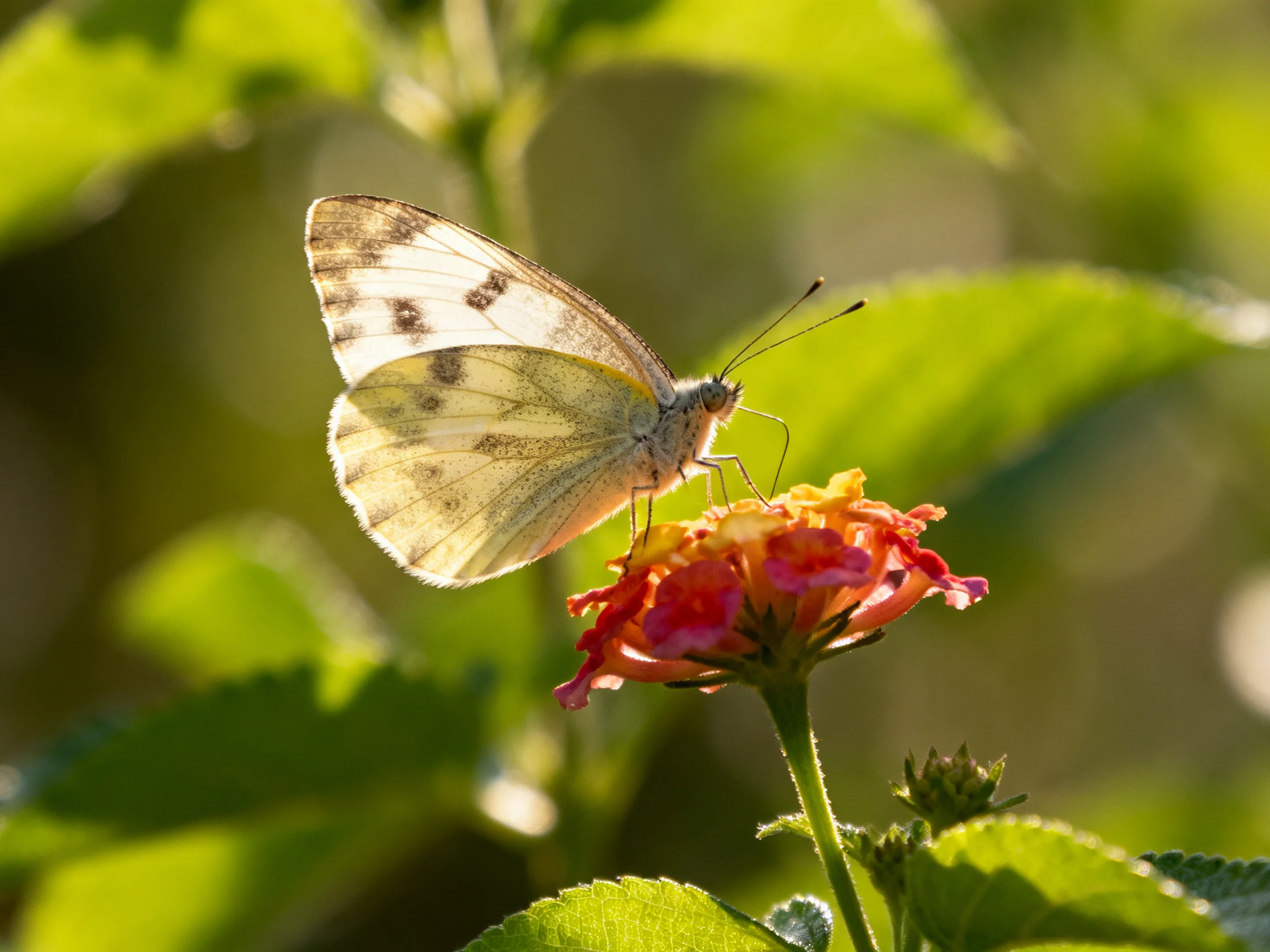 A pale butterfly perches on vibrant orange flowers amid lush green foliage