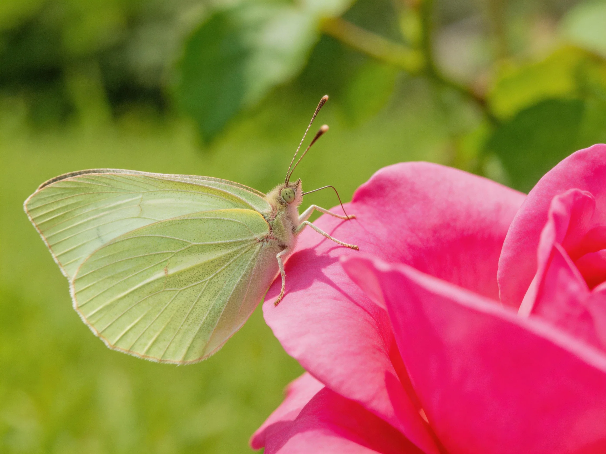 A pale green butterfly perched on a vibrant pink rose