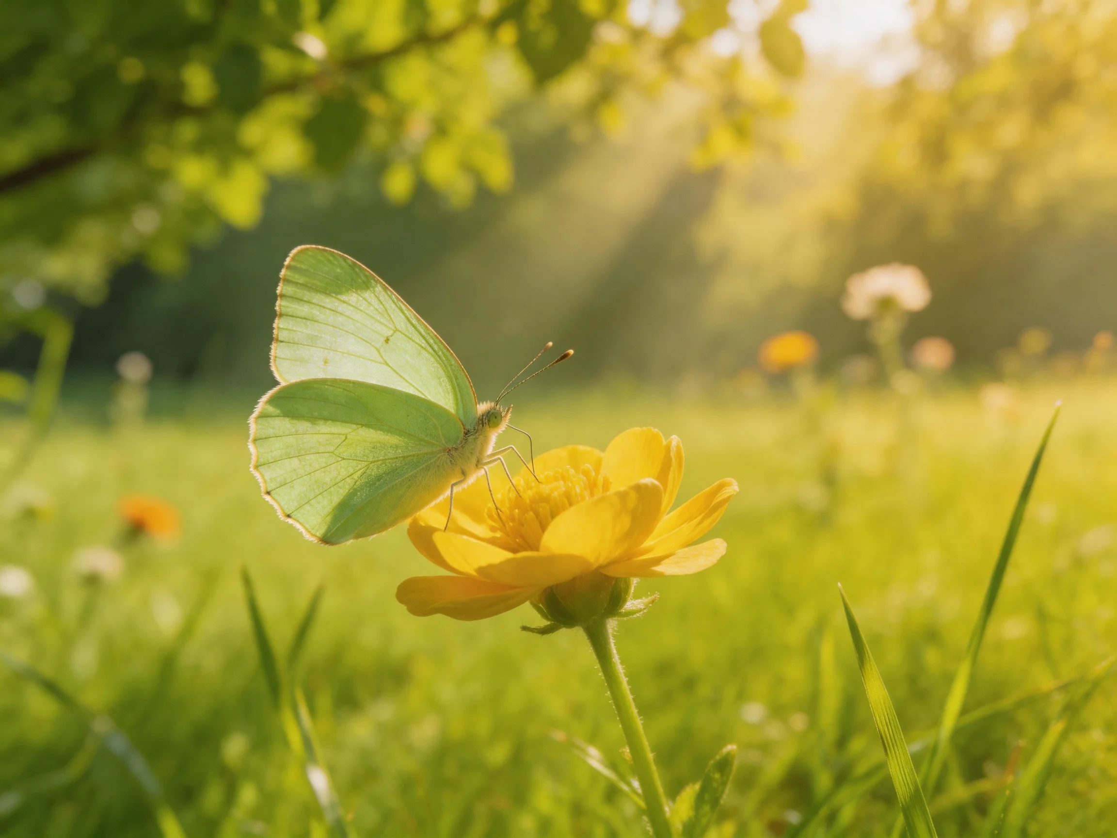 A pale green butterfly rests on a bright yellow flower in a sunlit meadow