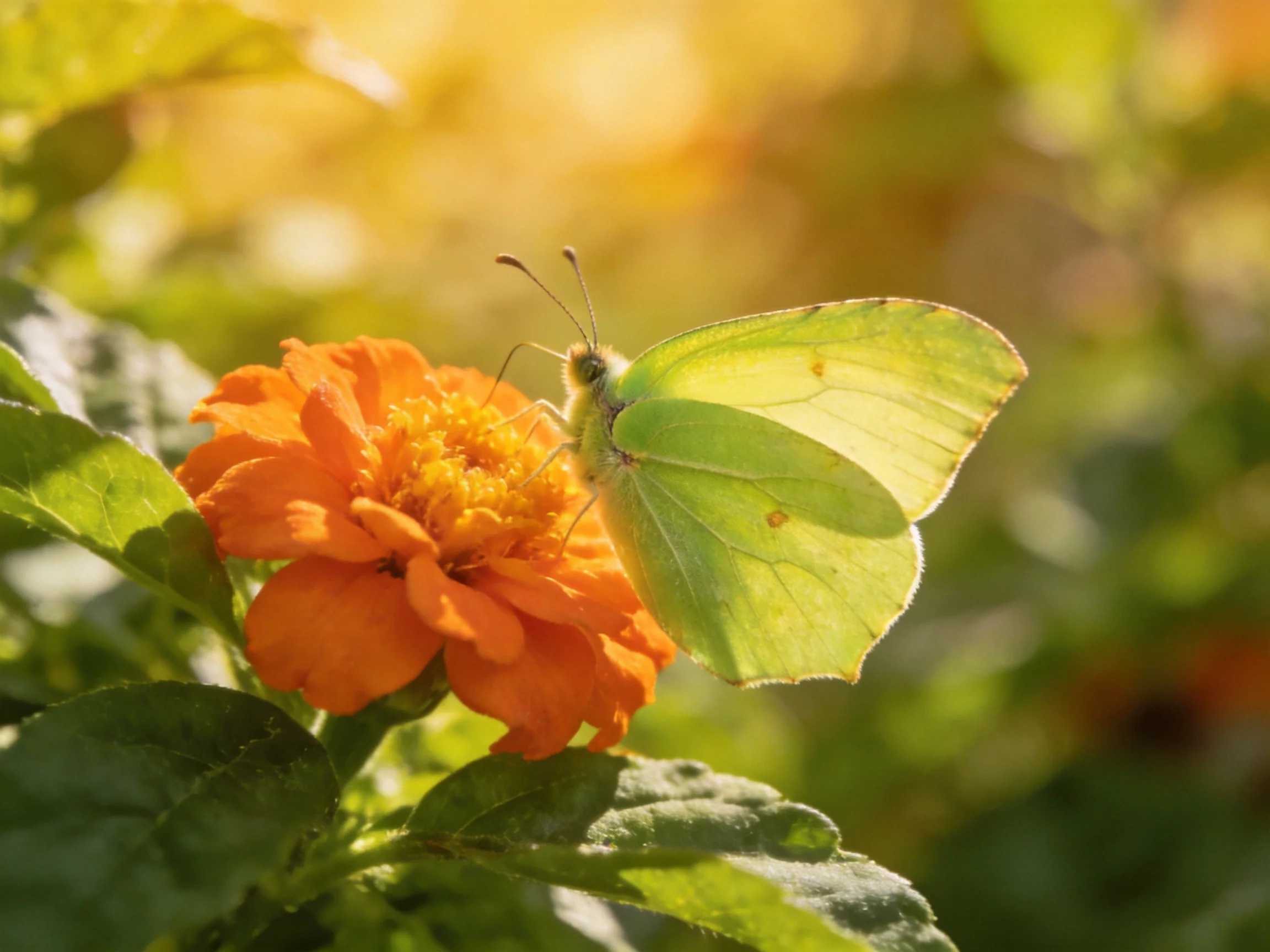 A pale green butterfly sits atop a bright orange flower
