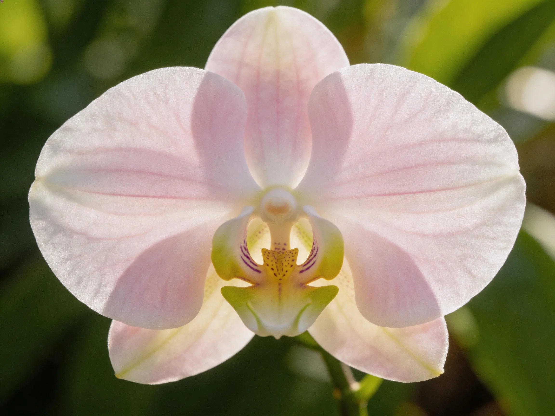 A pale pink orchid with soft petals and yellow-green center