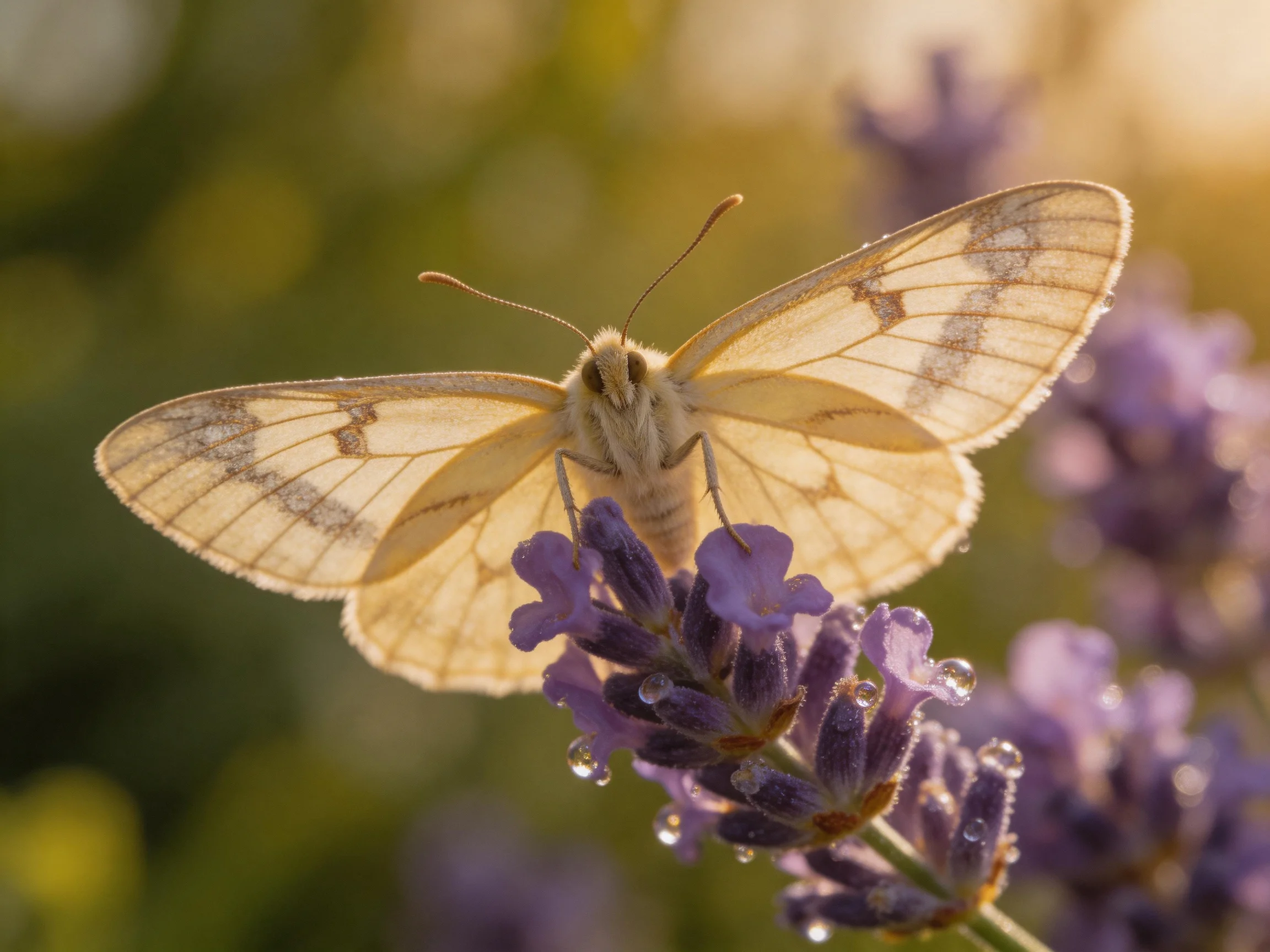 A pale yellow butterfly perched on purple lavender flowers with dewdrops