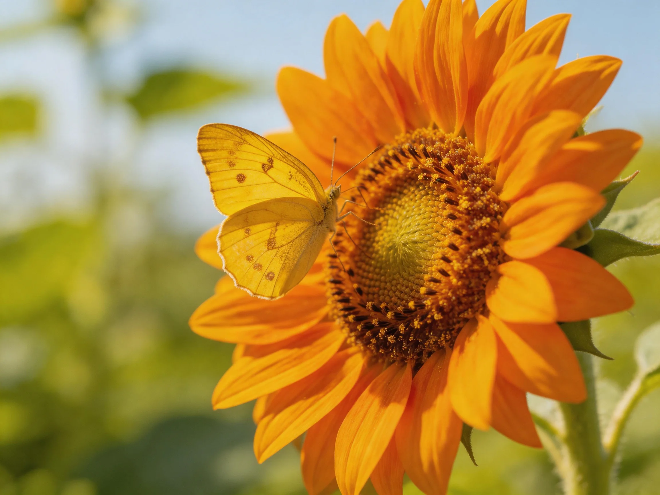 A pale yellow butterfly perches on a vibrant orange sunflower
