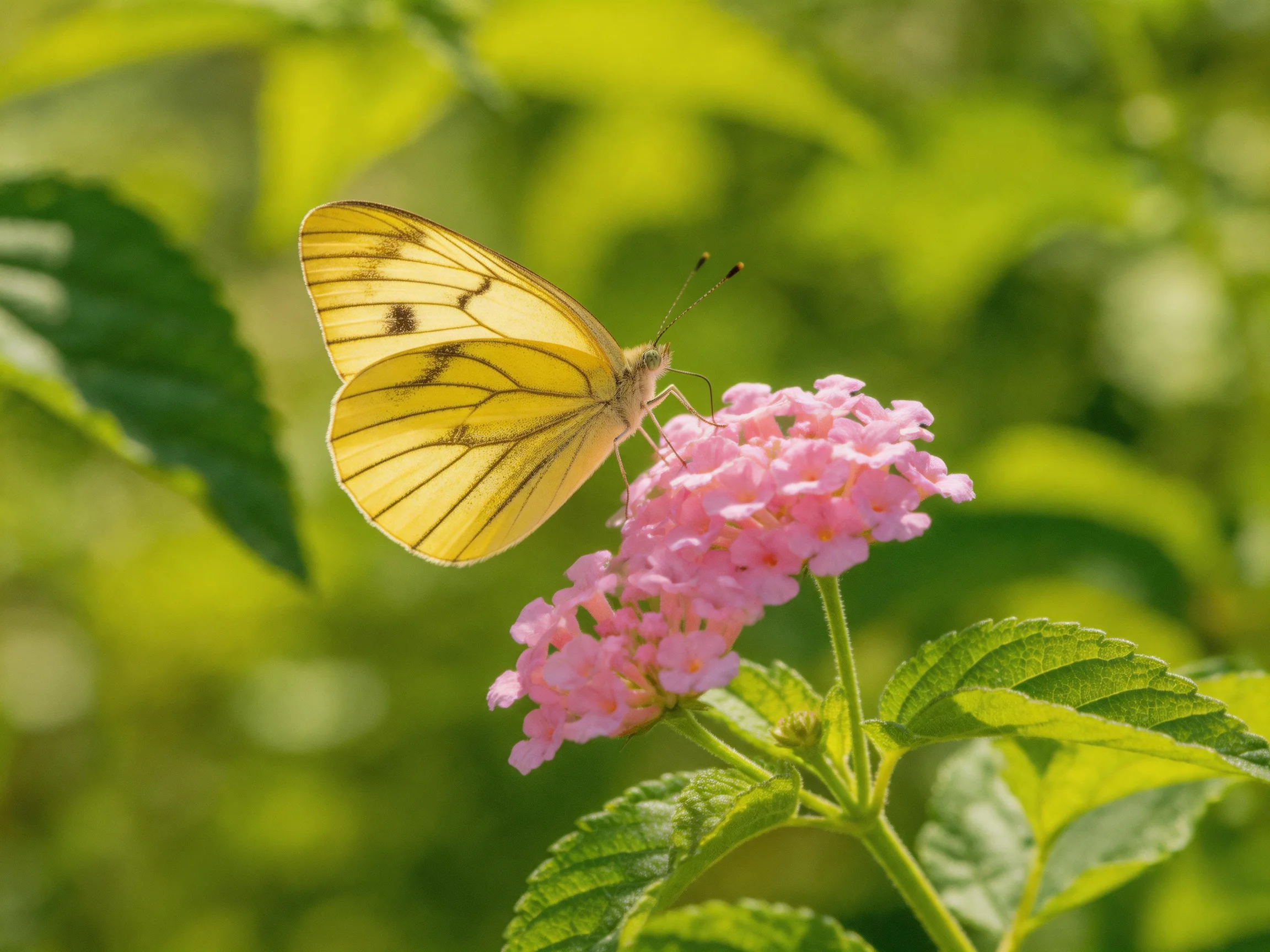 A pale yellow butterfly perches on vibrant pink flowers