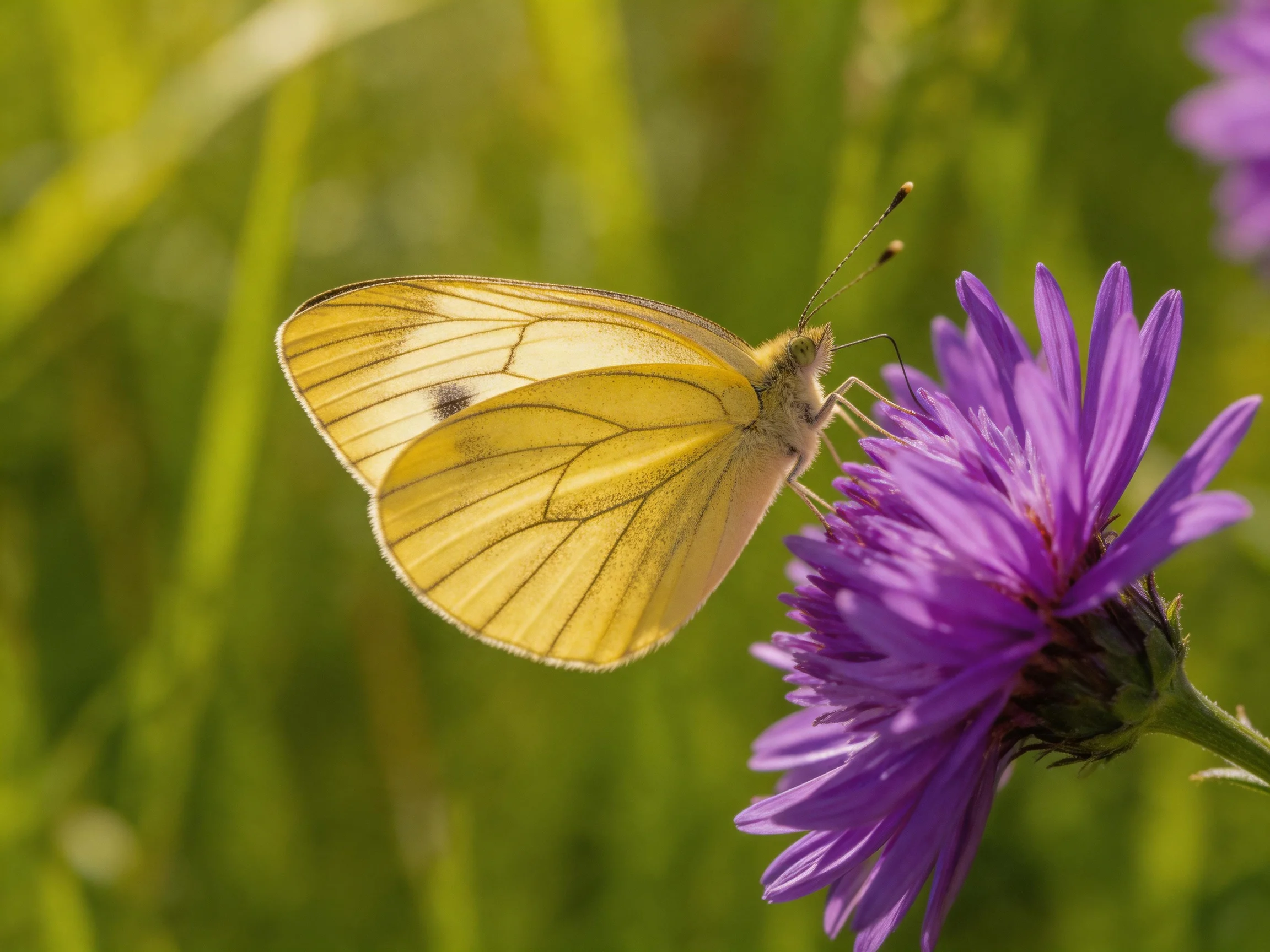 A pale yellow butterfly rests on a vibrant purple flower amid lush greenery