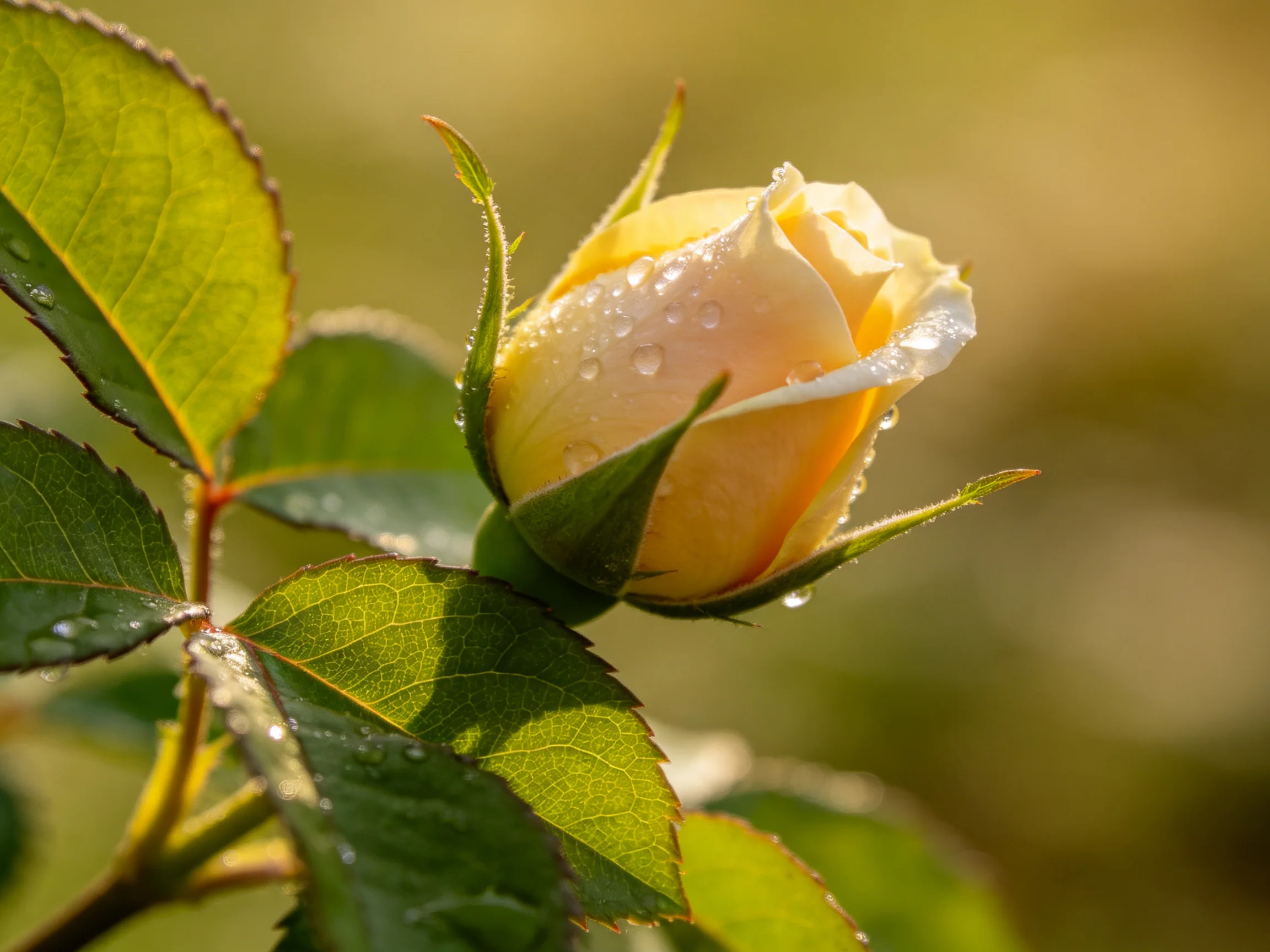 A pale yellow rosebud with dewdrops amid green leaves