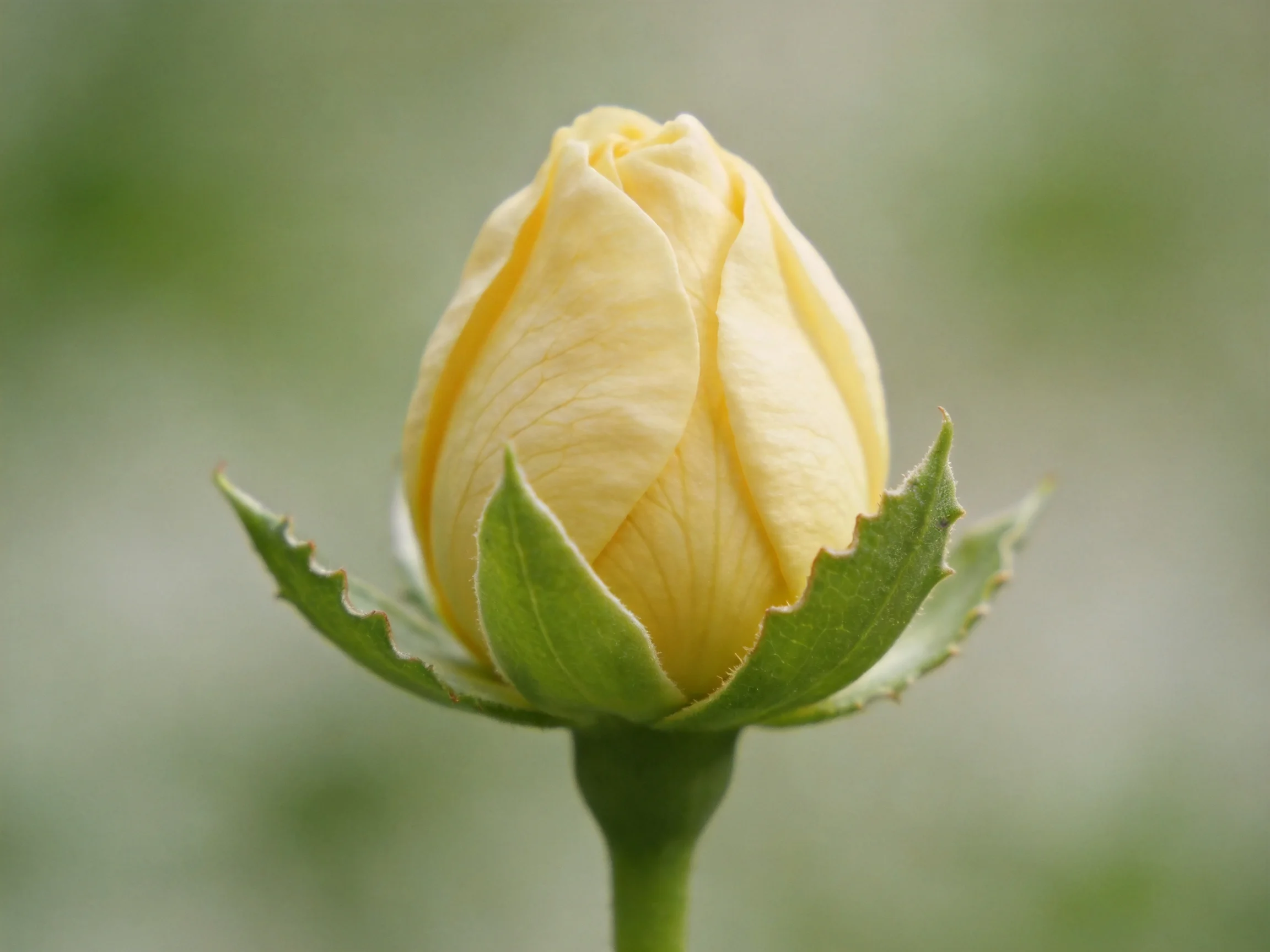 A pale yellow rosebud with serrated green sepals