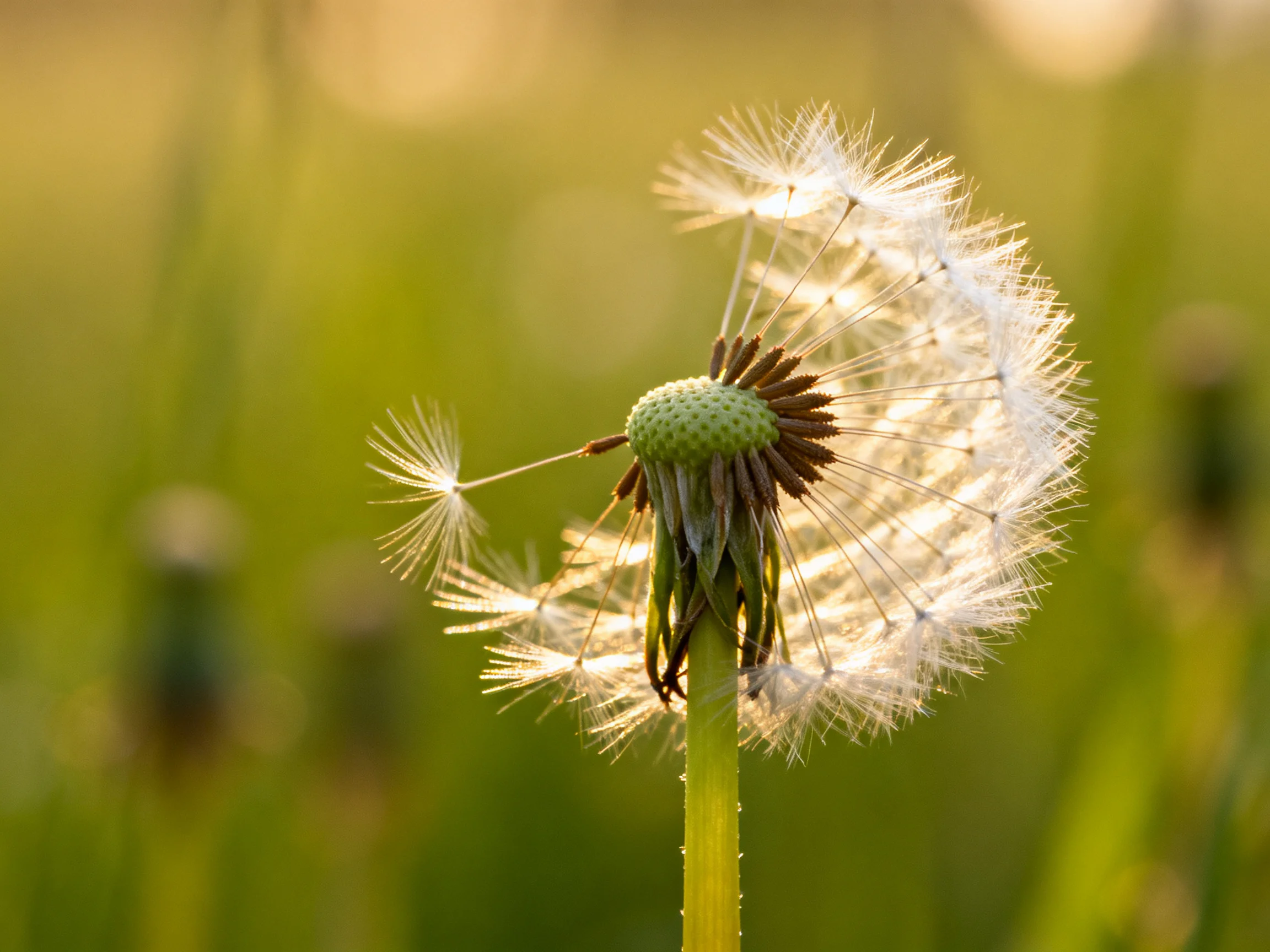A partially dispersed dandelion seed head illuminated by golden light