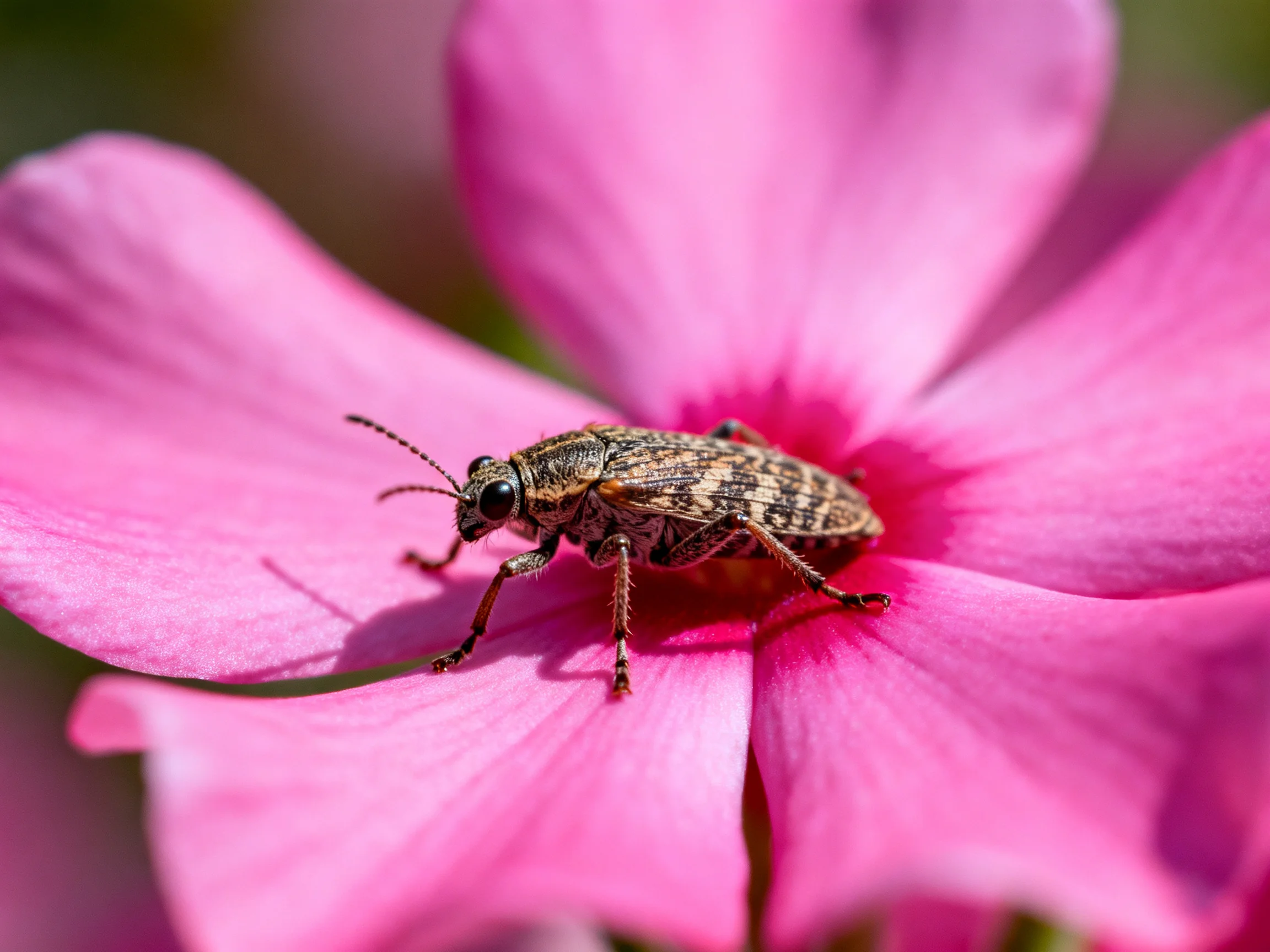 A patterned beetle rests on a vibrant pink flower