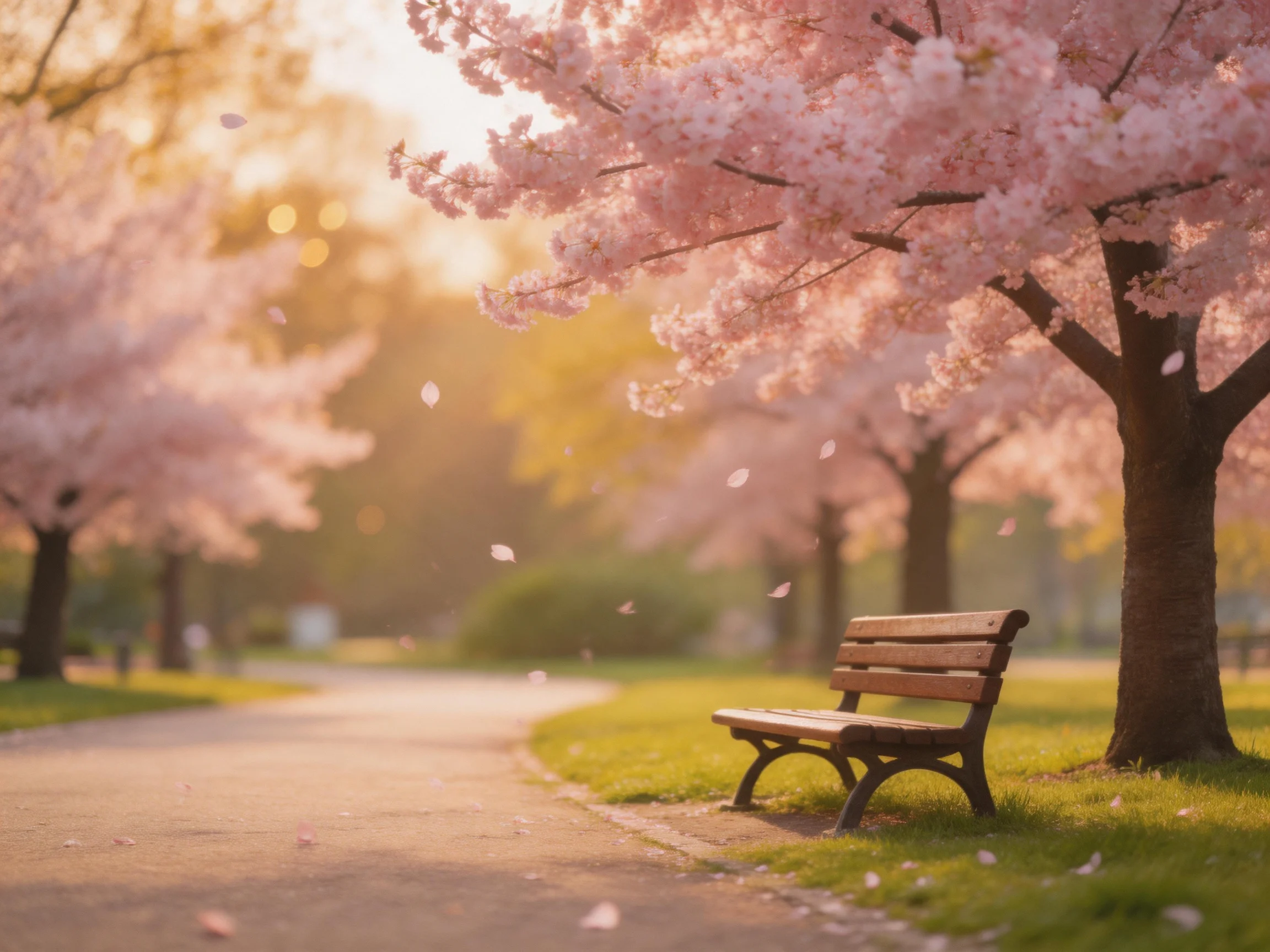 A peaceful park scene with cherry blossom trees and a bench under soft sunlight