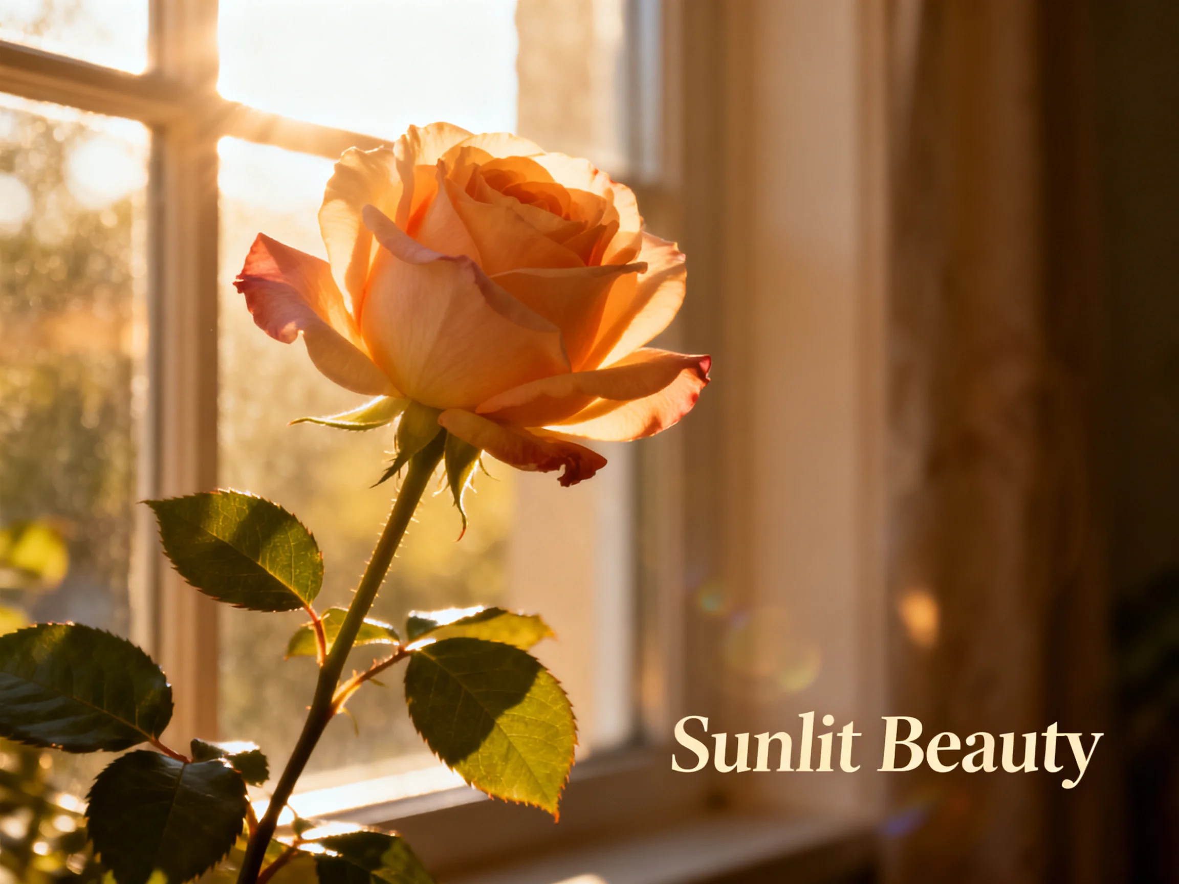 A peach rose bathed in golden sunlight beside an open window
