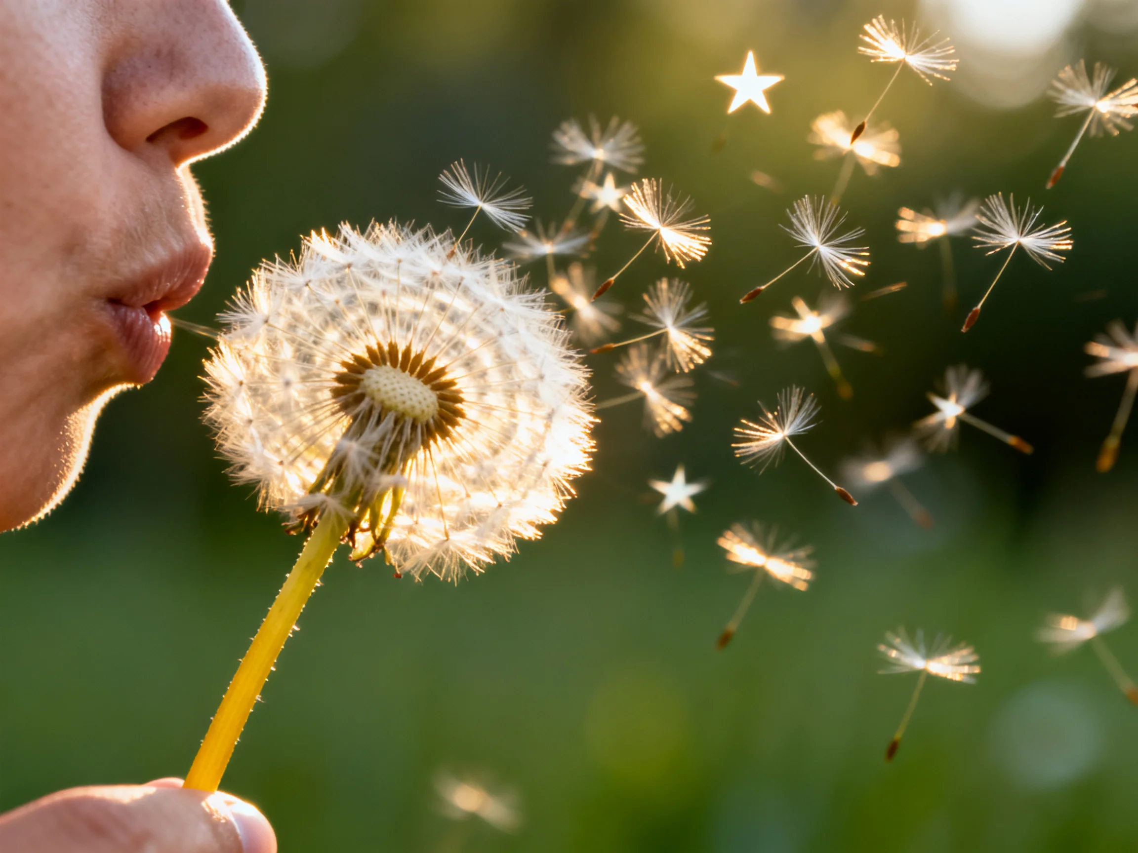 A person blows a dandelion with seeds floating