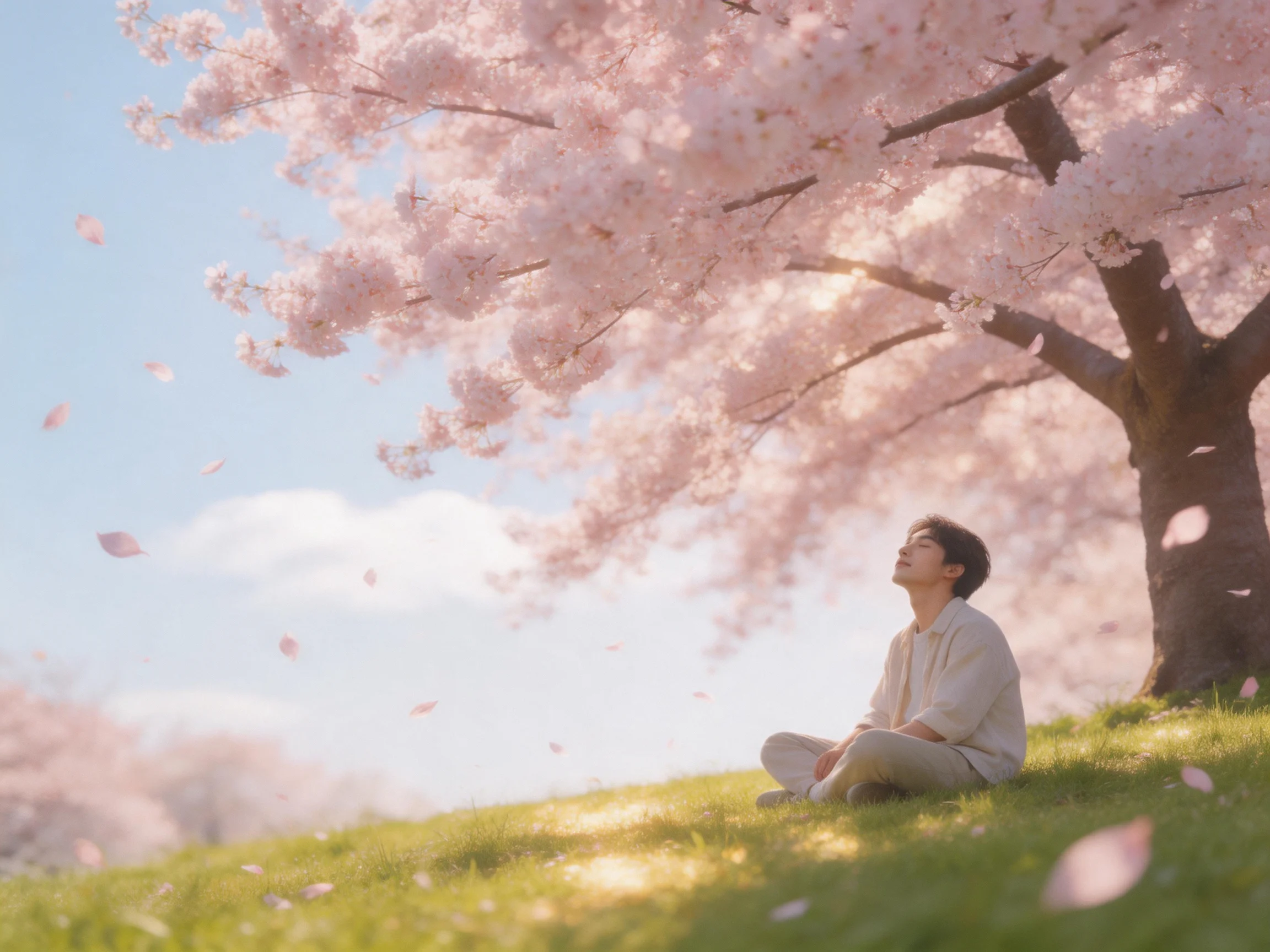 A person meditating beneath a vibrant cherry blossom tree with green grass