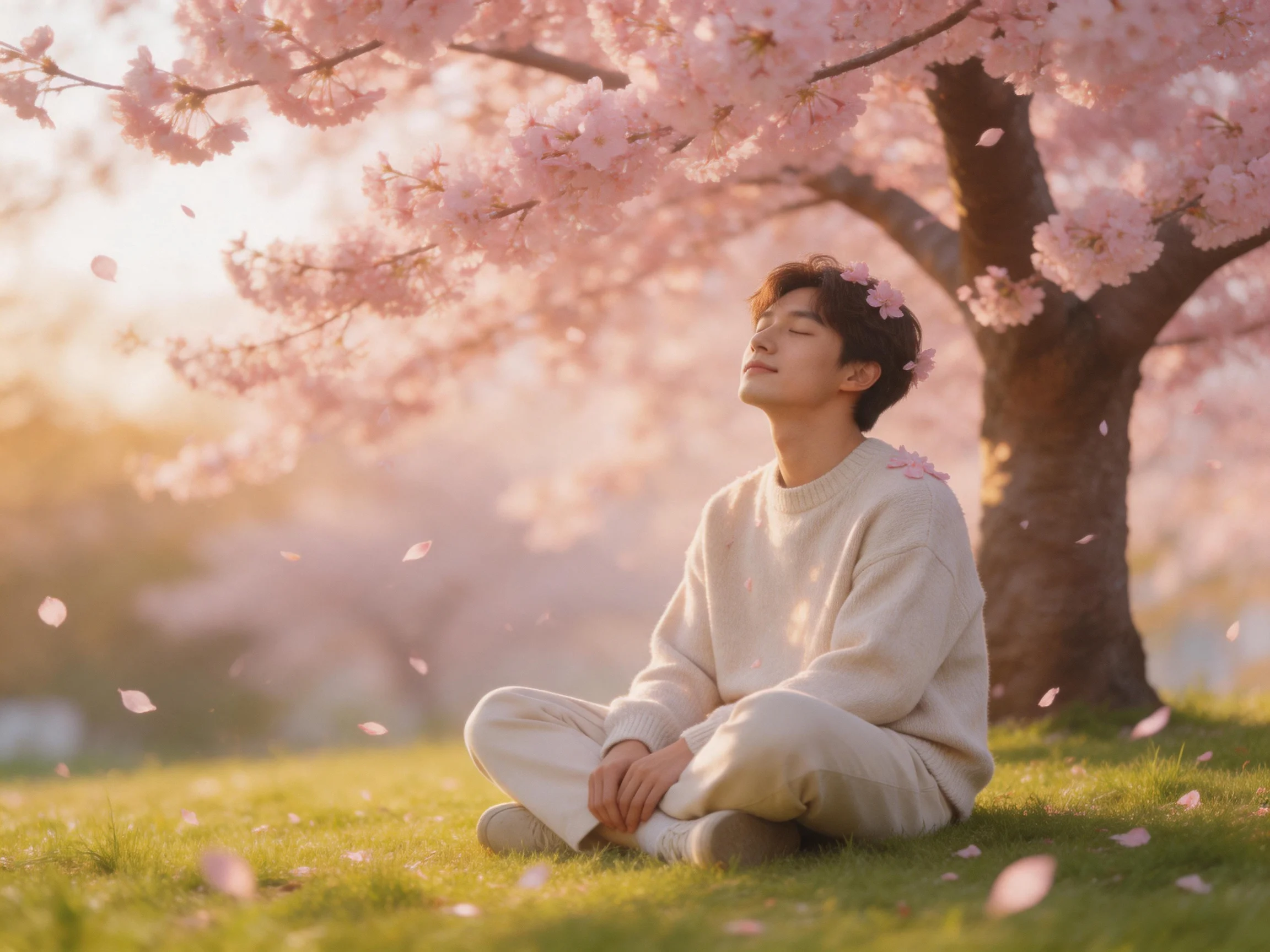 A person meditating beneath blooming pink cherry blossom trees