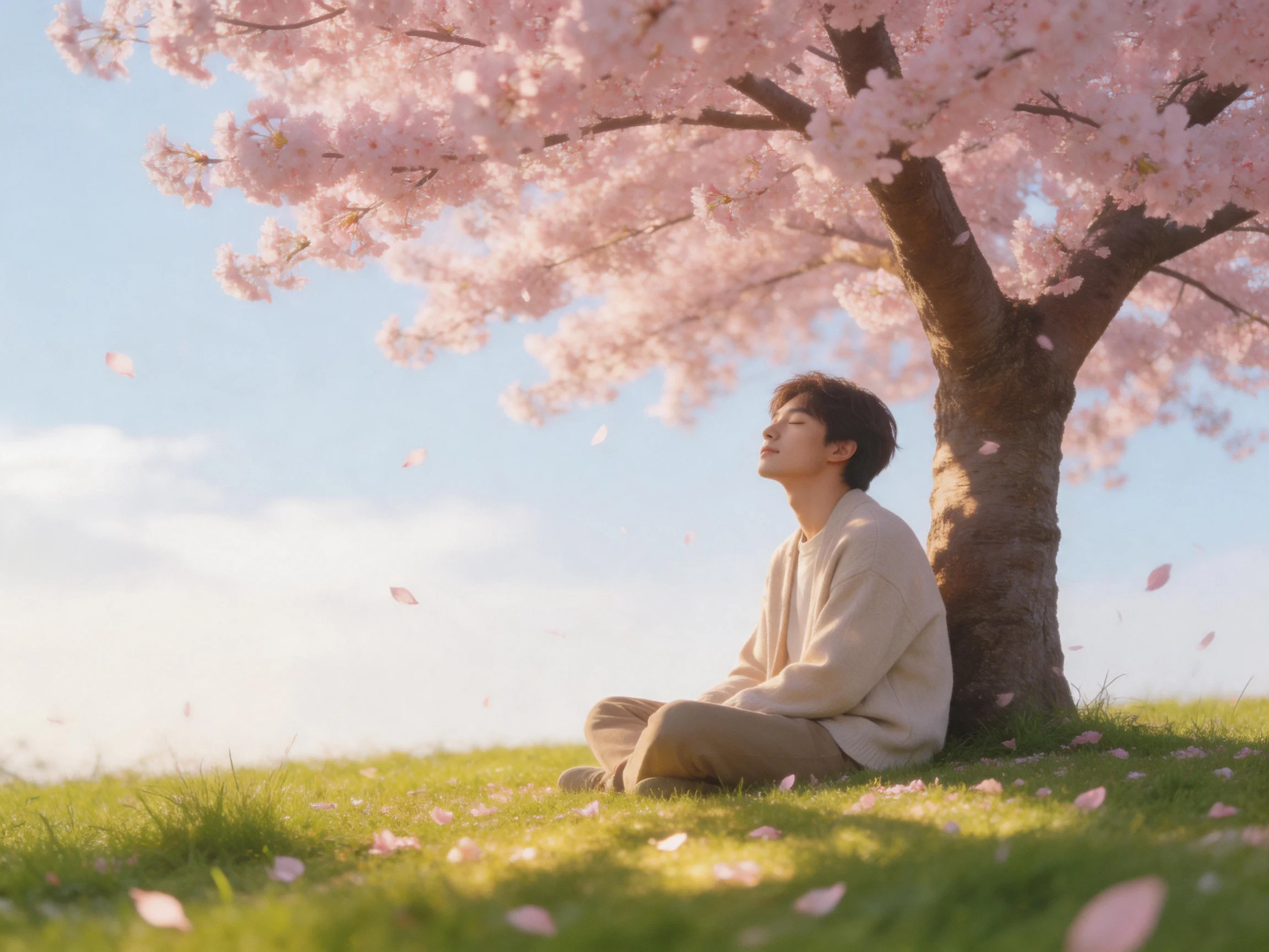 A person meditating under a blooming cherry blossom tree with scattered petals