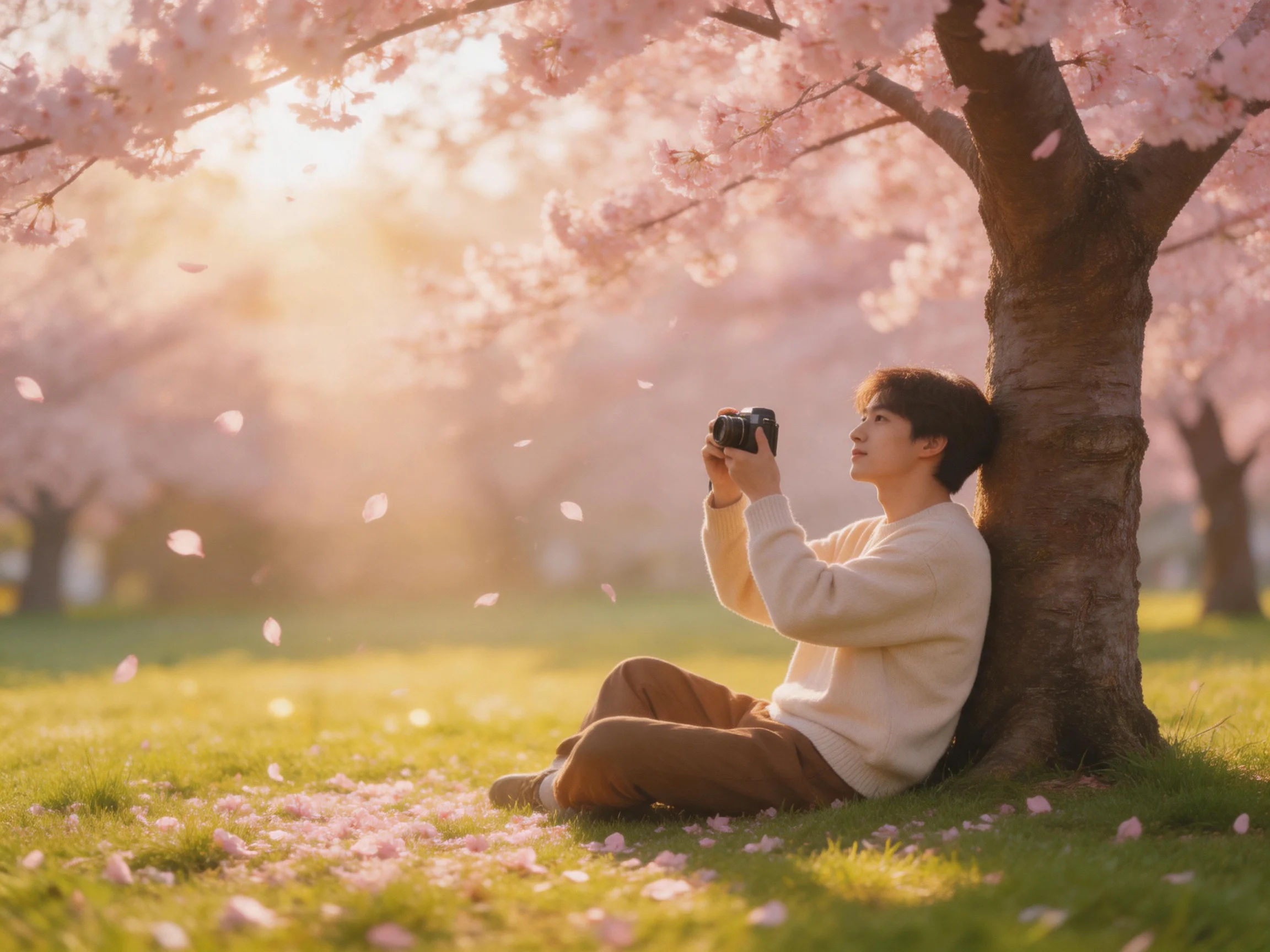 A person photographing cherry blossom trees in a sunlit park