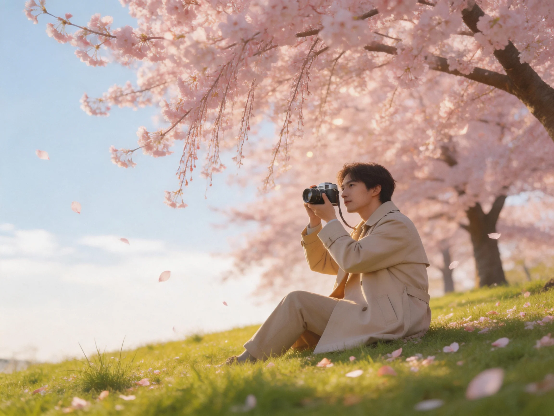 A person photographing cherry blossom trees with pink petals