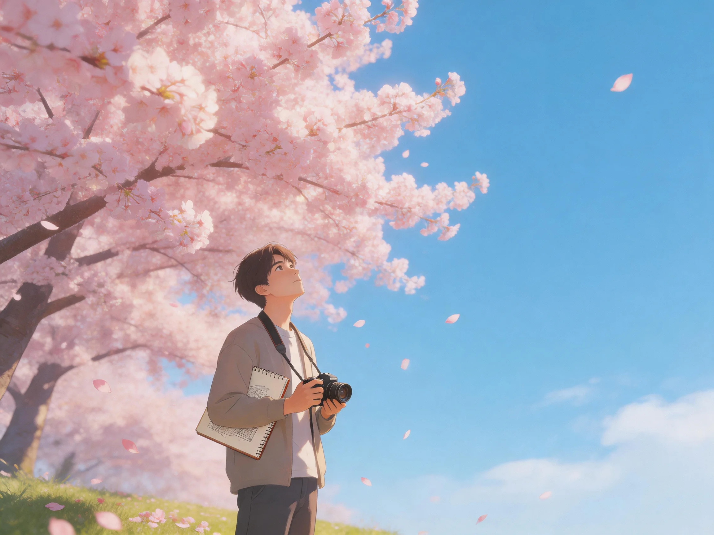 A person photographing pink cherry blossoms under a clear blue sky